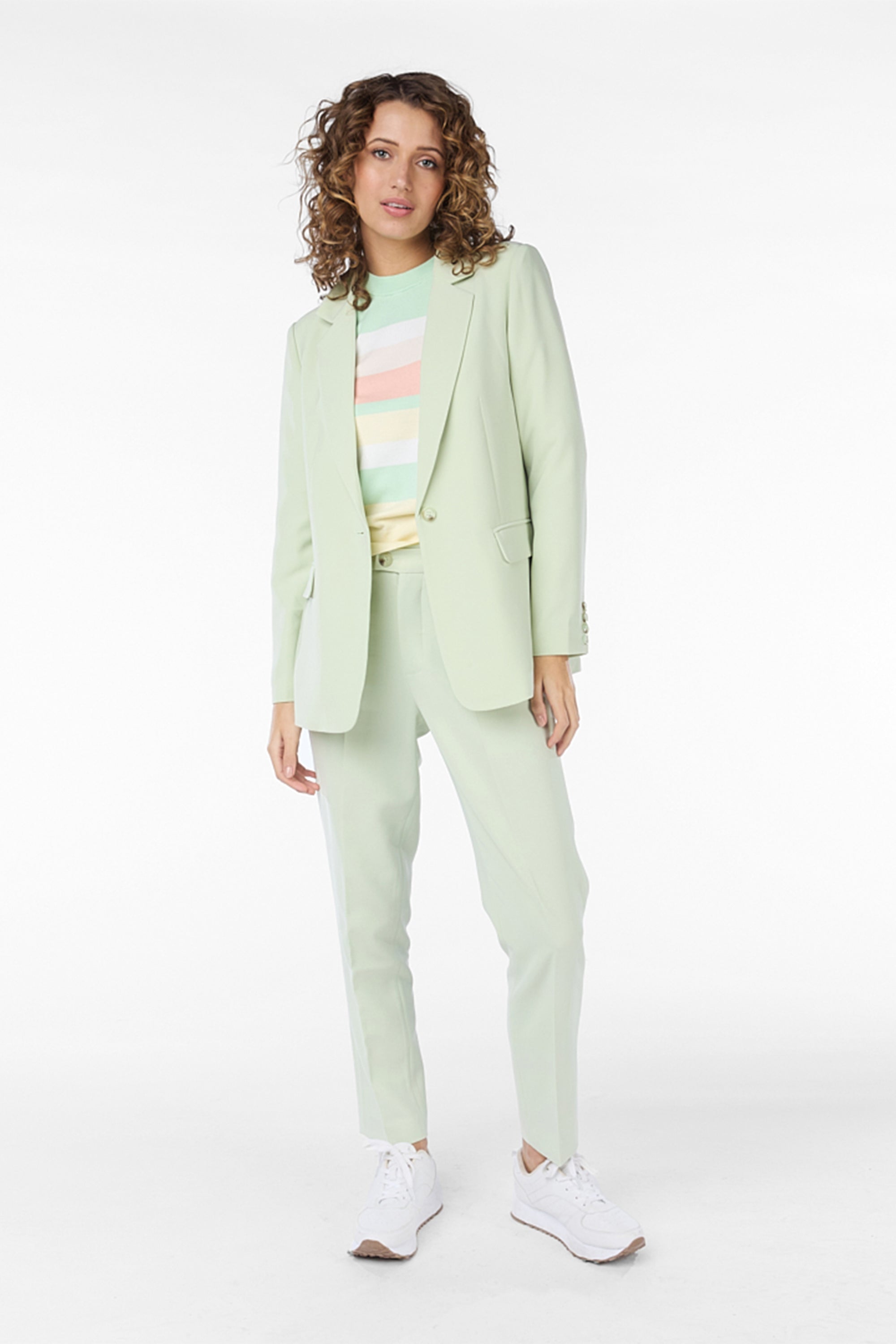 Full body front view of Esqualo (SP2410022) Women's Long Sleeve Tailored Blazer with Notch Collar, Single Button Close, and Front Pockets in Pistachio green