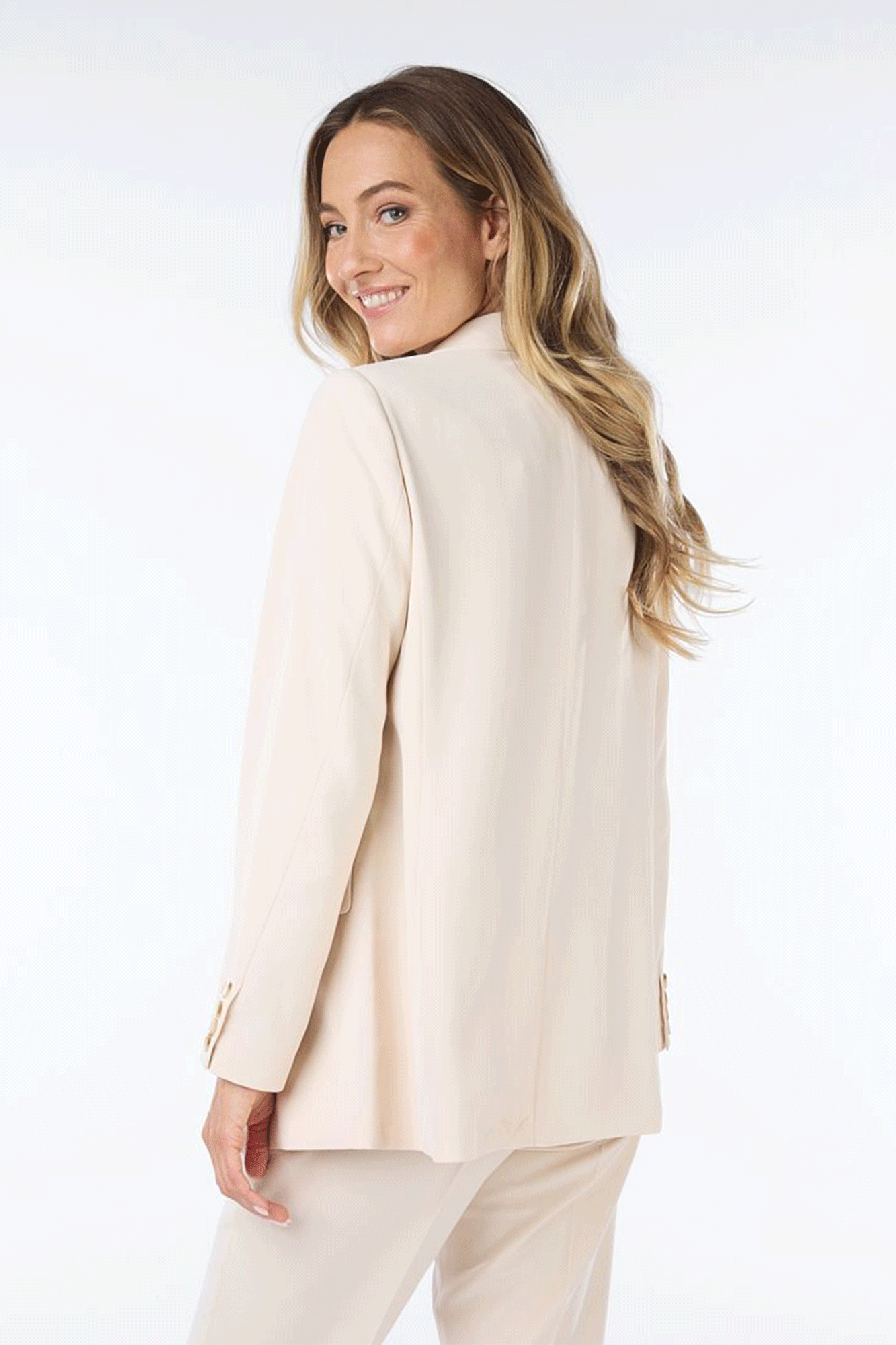 Back view of Esqualo (SP2410022) Women's Long Sleeve Tailored Blazer with Notch Collar, Single Button Close, and Front Pockets in Sand