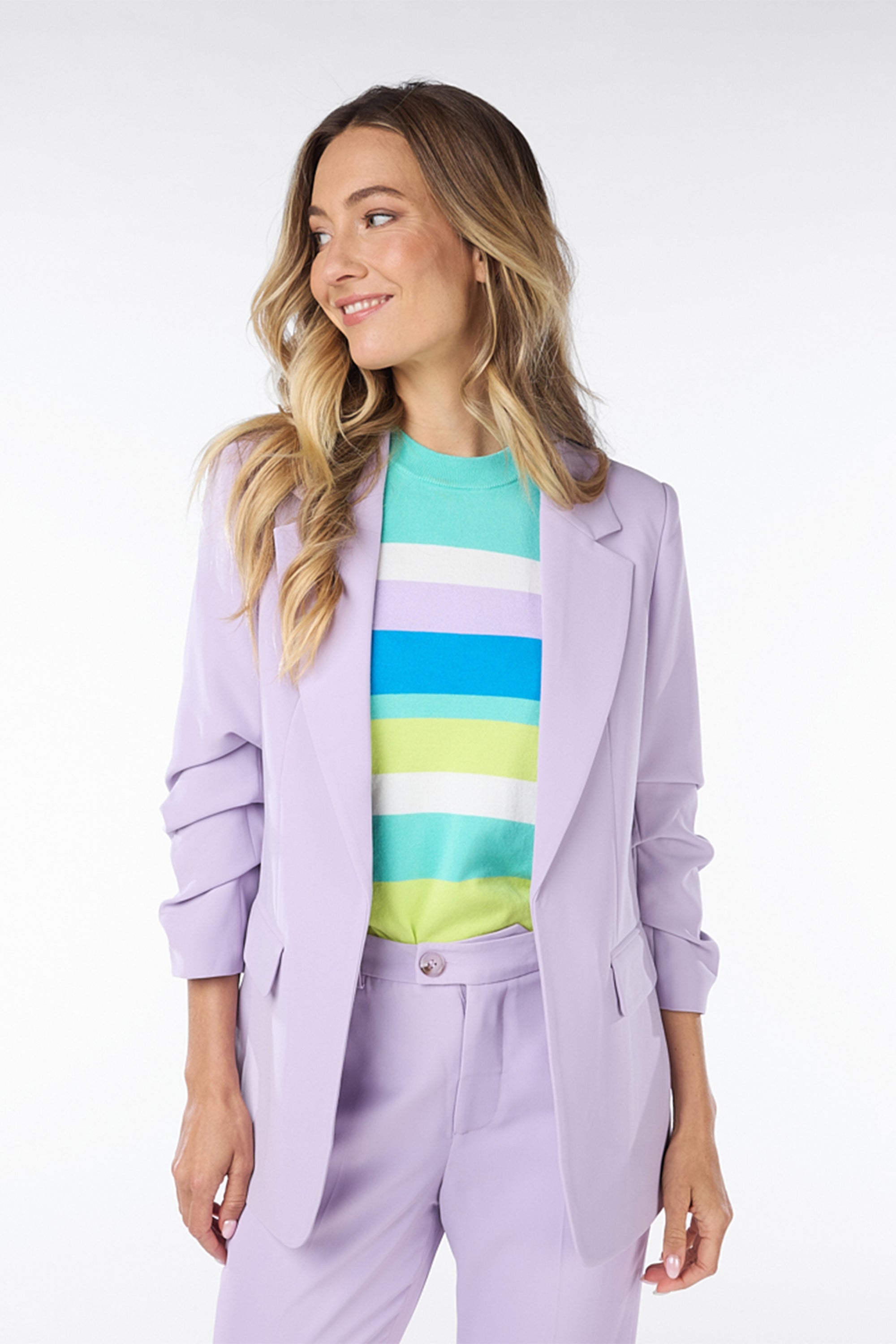 Esqulao (SP2410023) Women's Ruched 3/4 Sleeve Open Front Blazer with Flap Pockets in Lilac Purple