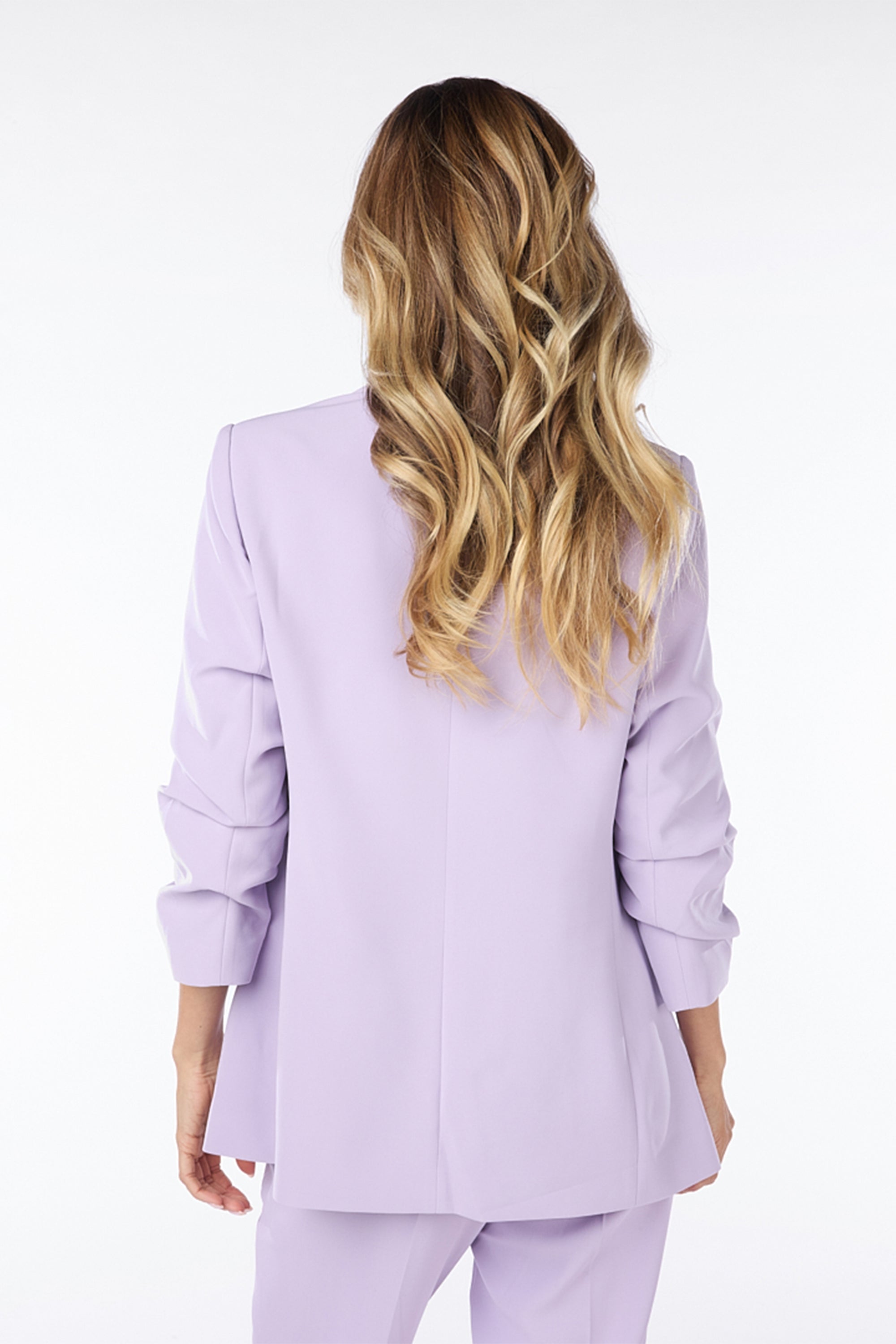 Back view of Esqulao (SP2410023) Women's Ruched 3/4 Sleeve Open Front Blazer with Flap Pockets in Lilac Purple