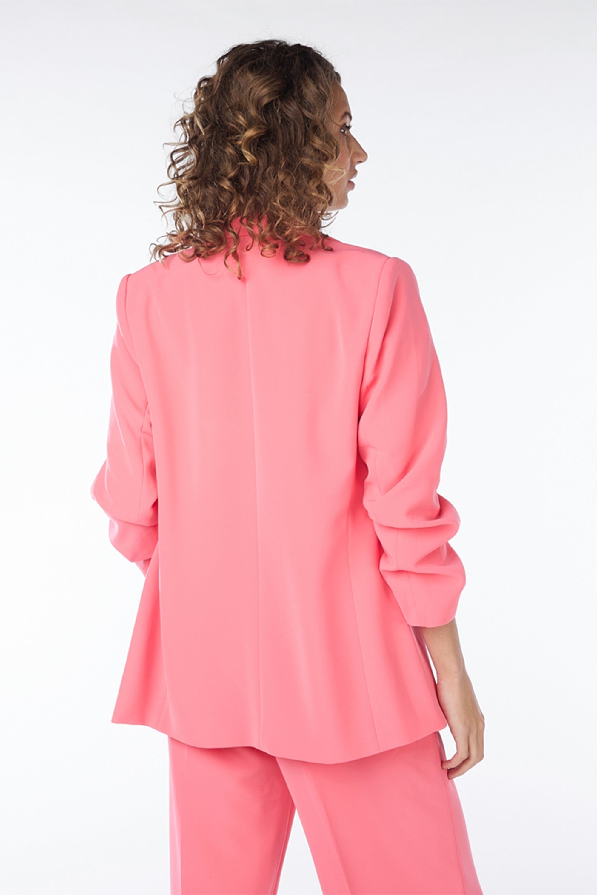 Back view of Esqulao (SP2410023) Women's Ruched 3/4 Sleeve Open Front Blazer with Flap Pockets in Strawberry Pink