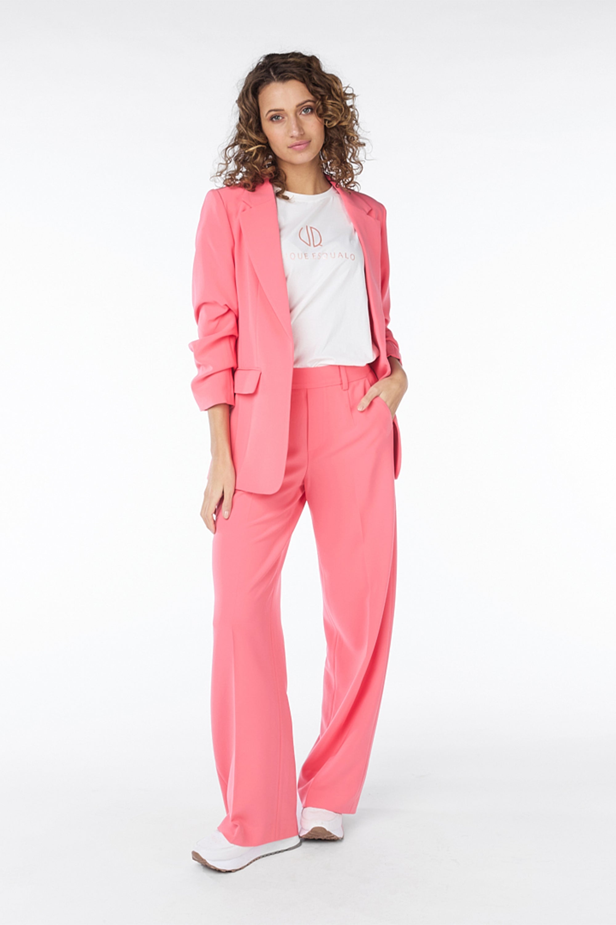 Esqulao (SP2410023) Women's Ruched 3/4 Sleeve Open Front Blazer with Flap Pockets in Strawberry Pink
