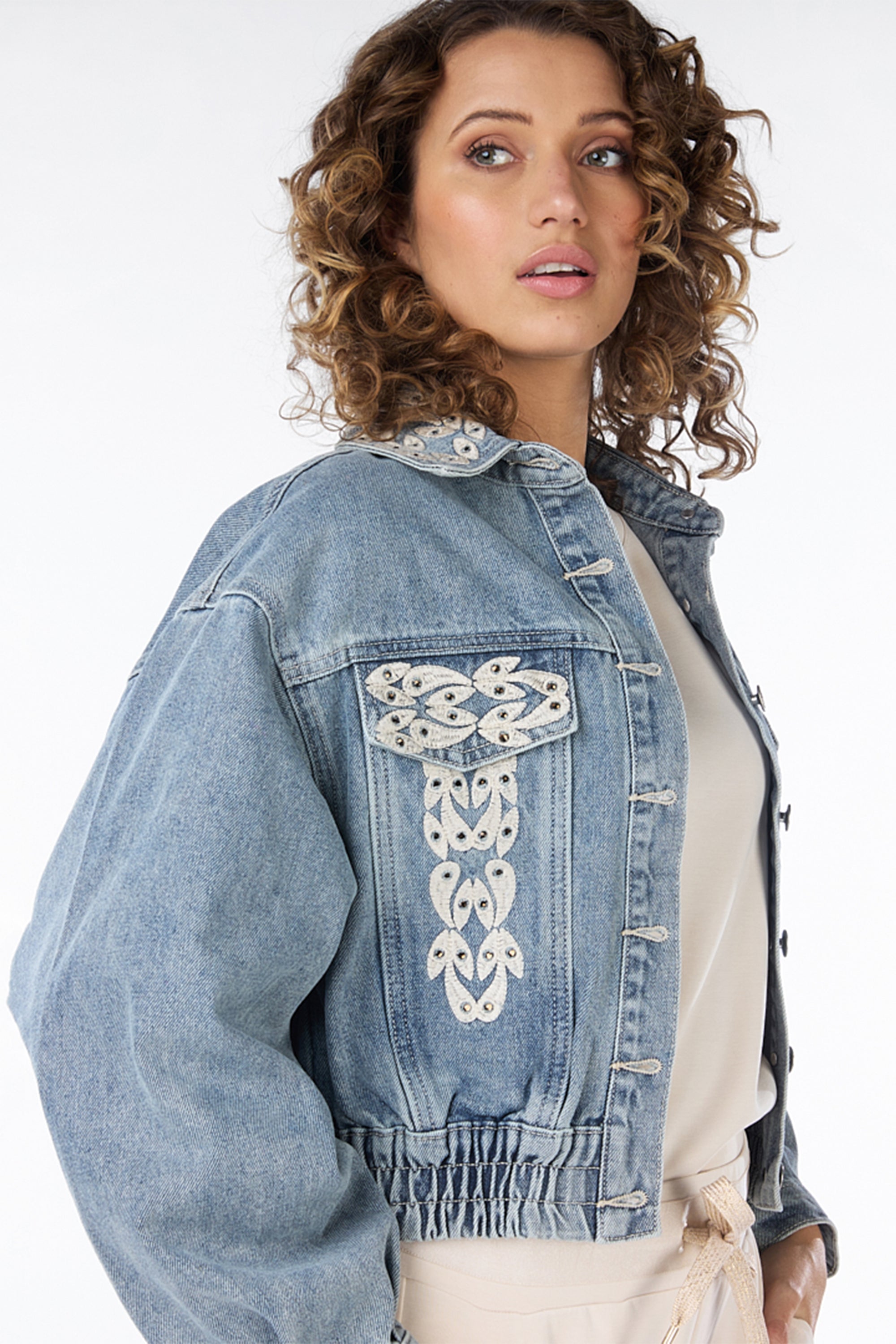 Esqualo (SP2412002) Women's Long Sleeve Cropped Blue Jean Jacket With Embroidery & Rhinestones on Collar and Front Panels