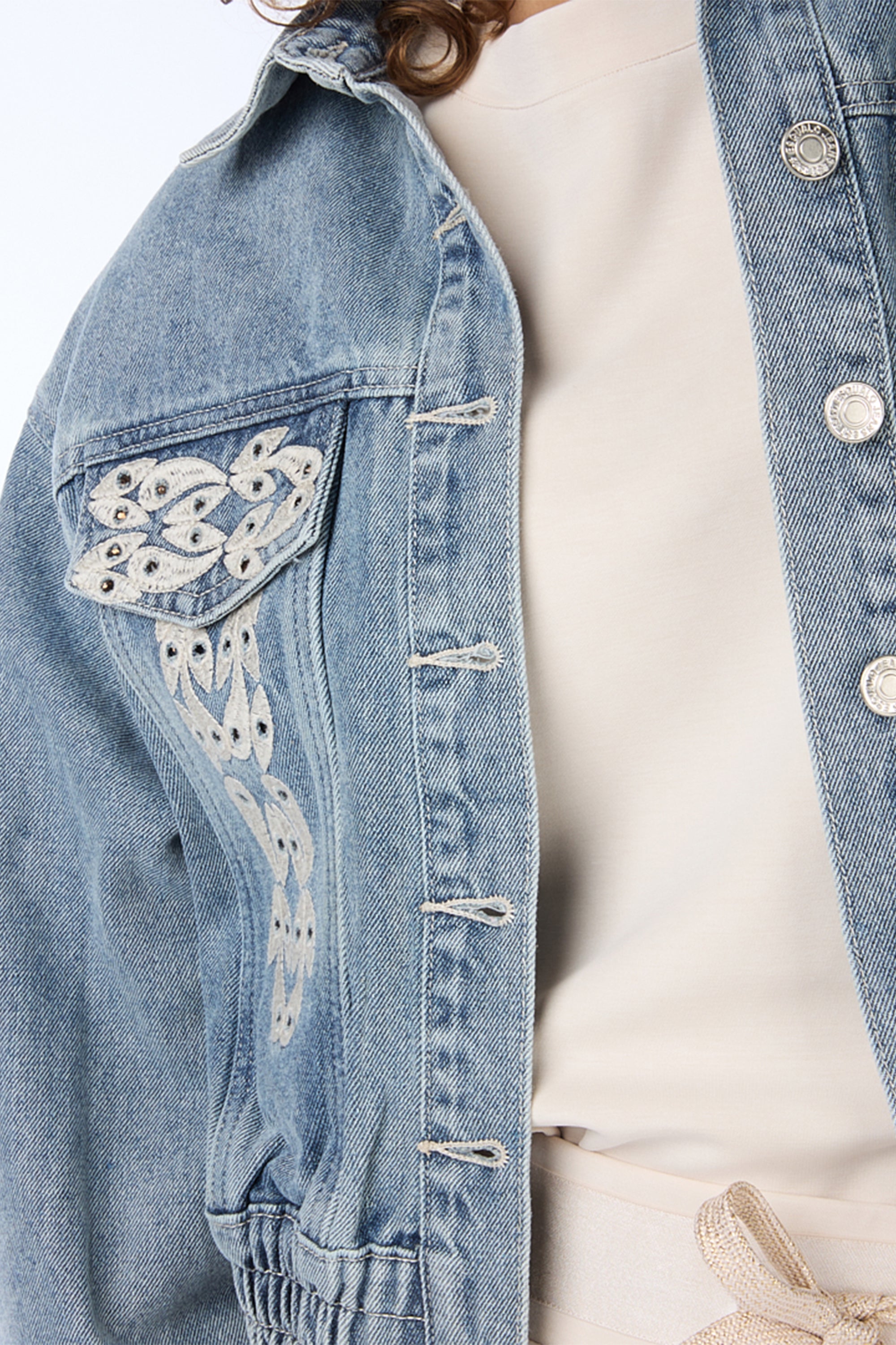 Close up Esqualo (SP2412002) Women's Long Sleeve Cropped Blue Jean Jacket With Embroidery & Rhinestones on Collar and Front Panels
