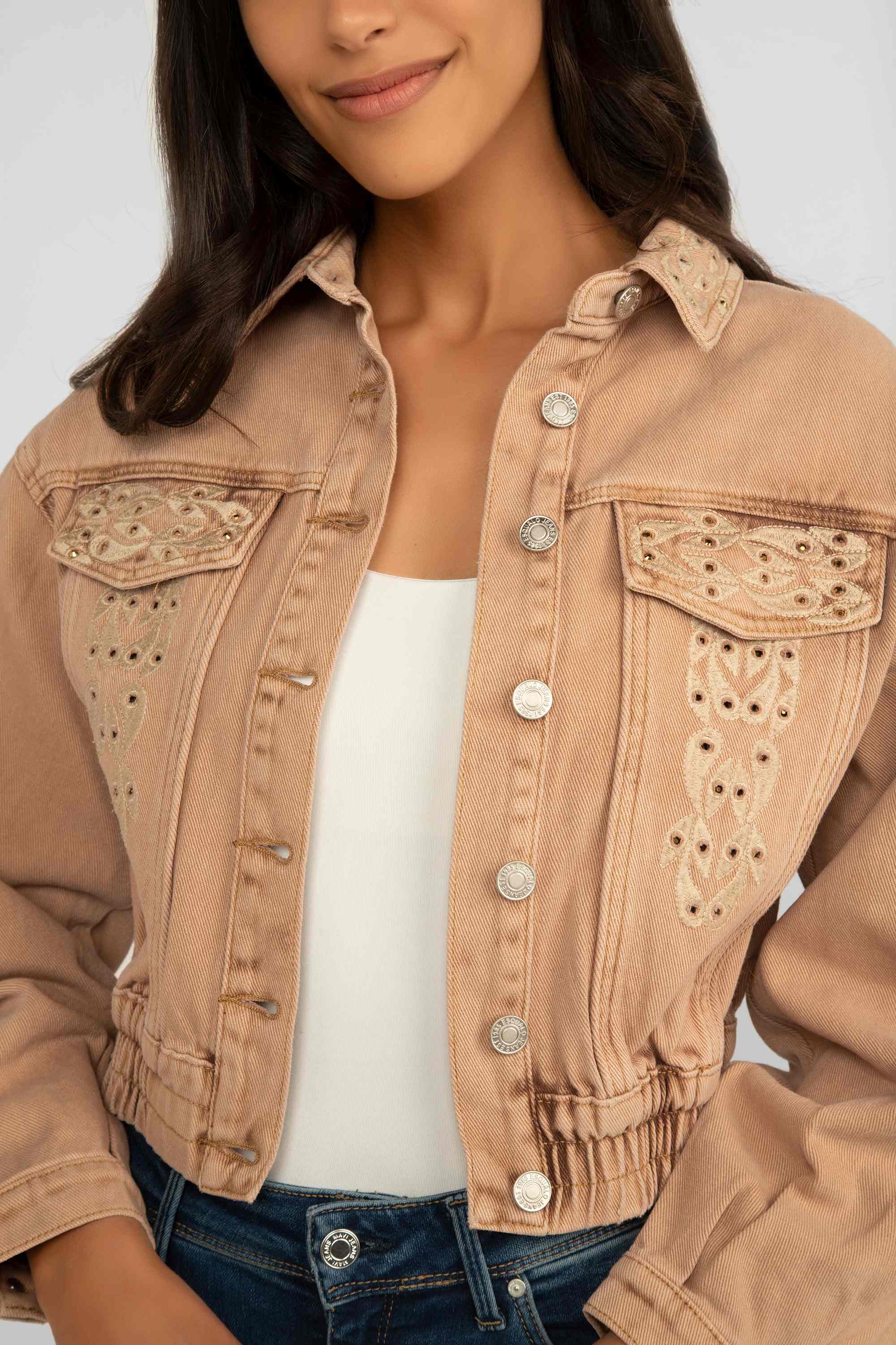 Cropped Dark Sand Jean Jacket With Embroidery