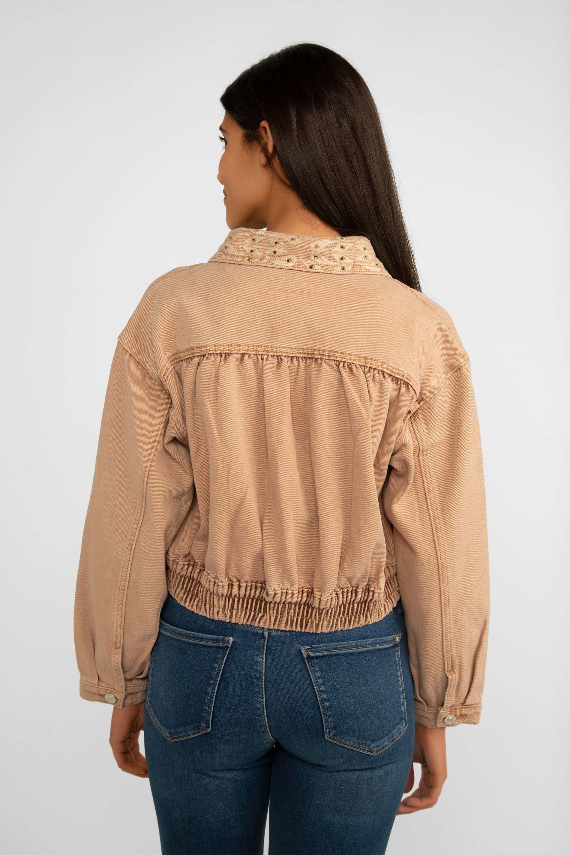 Cropped Dark Sand Jean Jacket With Embroidery