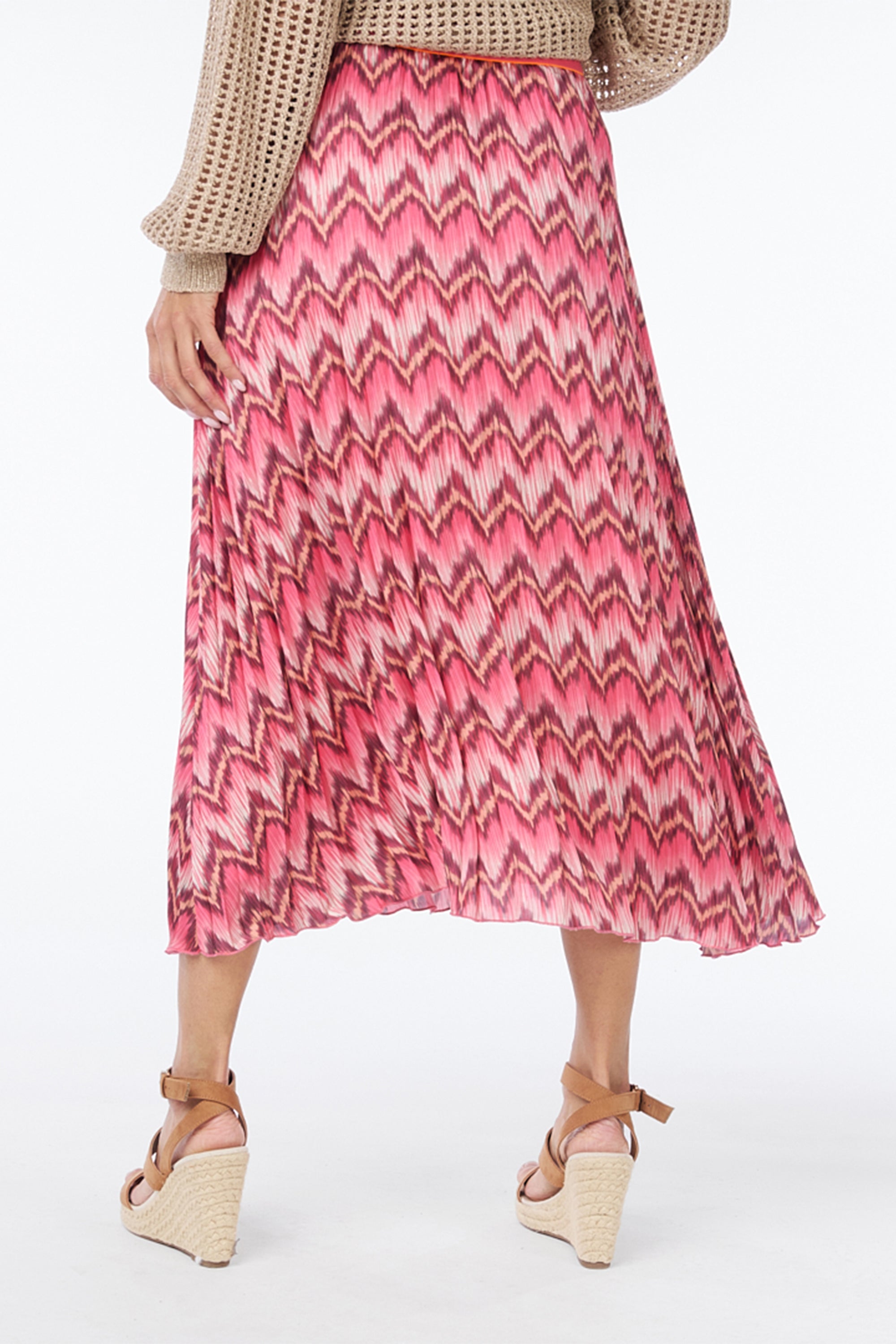 Back view of Esqualo (SP2414006) Pink ZigZag Stripe Print, Pleated Midi Skirt