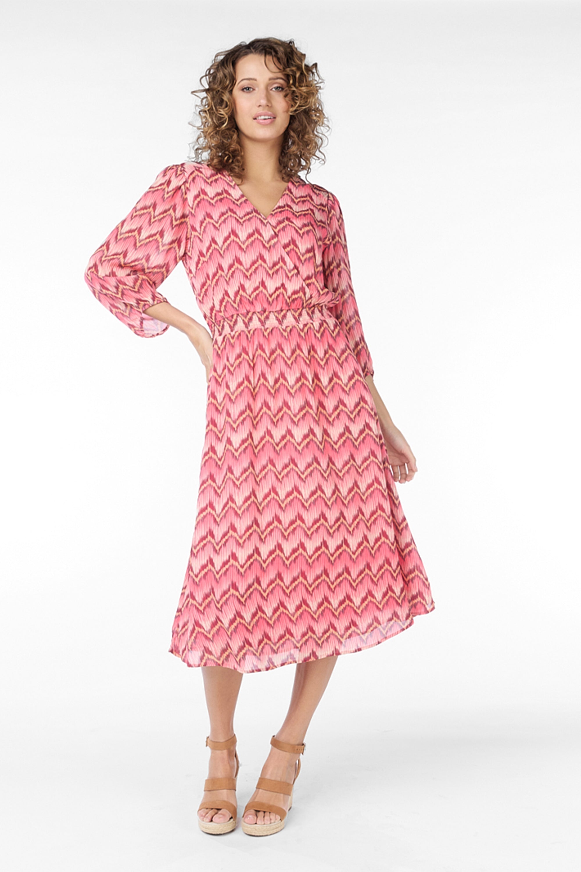 Front view of Esqualo (SP2414008) Women's 3/4 Sleeve V-Neck Midi Day Dress in a Pink ZigZag Print
