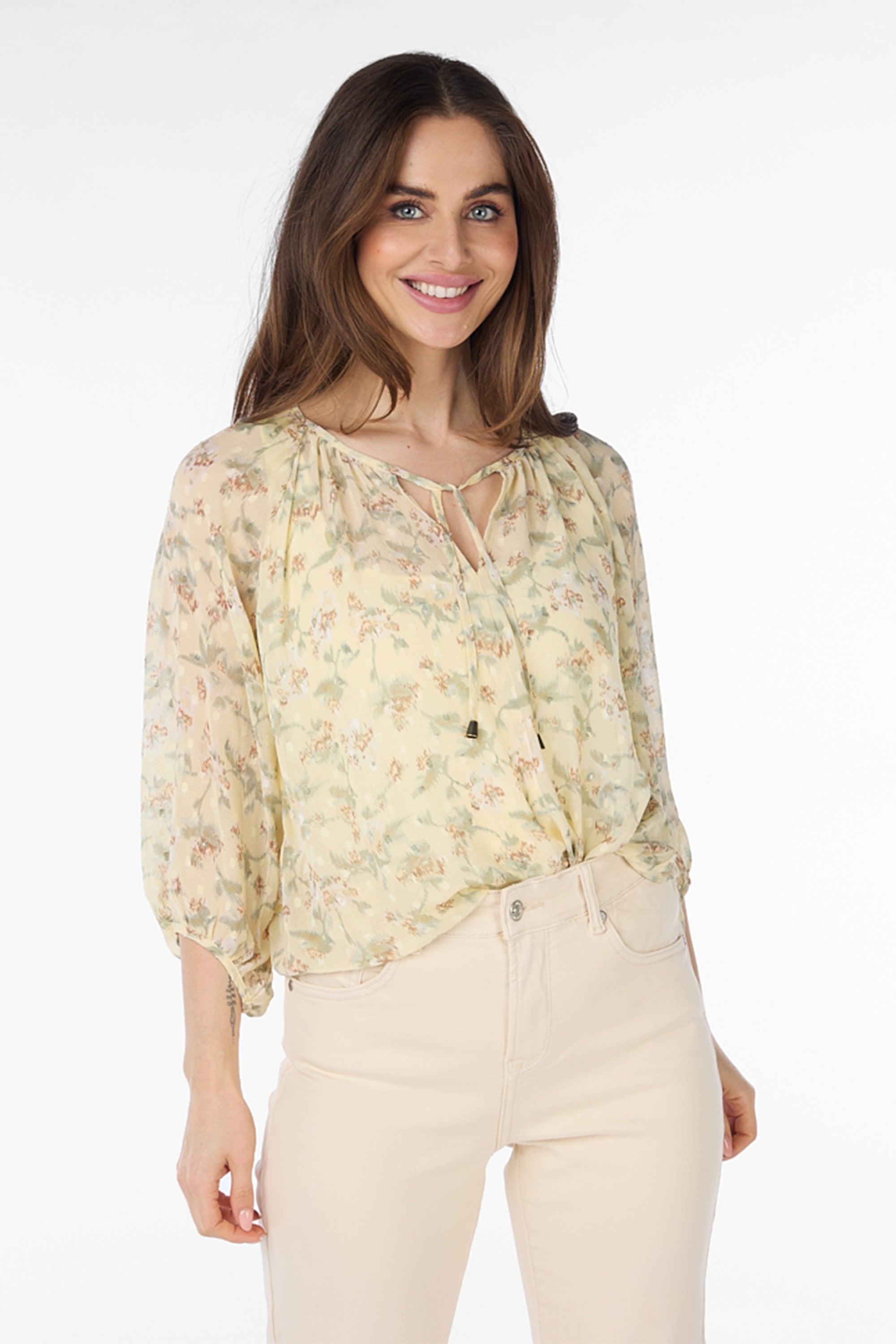 Front view of Esqualo (SP2414042) Women's  3/4 Raglan Sleeve Floral Blouse with split v-neck in a cream floral print