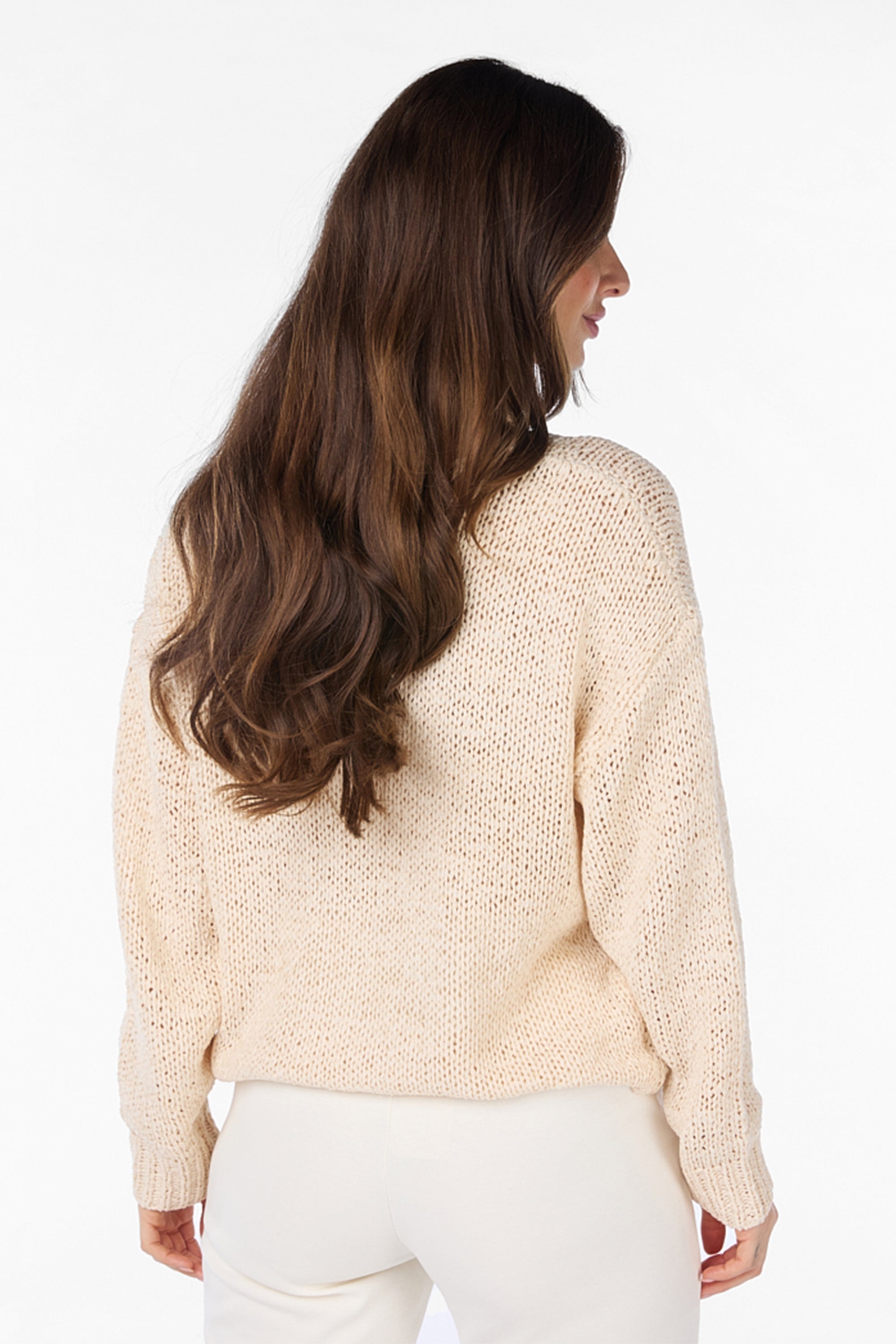 Back view of Esqualo (SP2418101) Women's Long Sleeve Loose Knit Tape Yarn Sweater With Drop Shoulders and Relaxed fit in Sand Beige