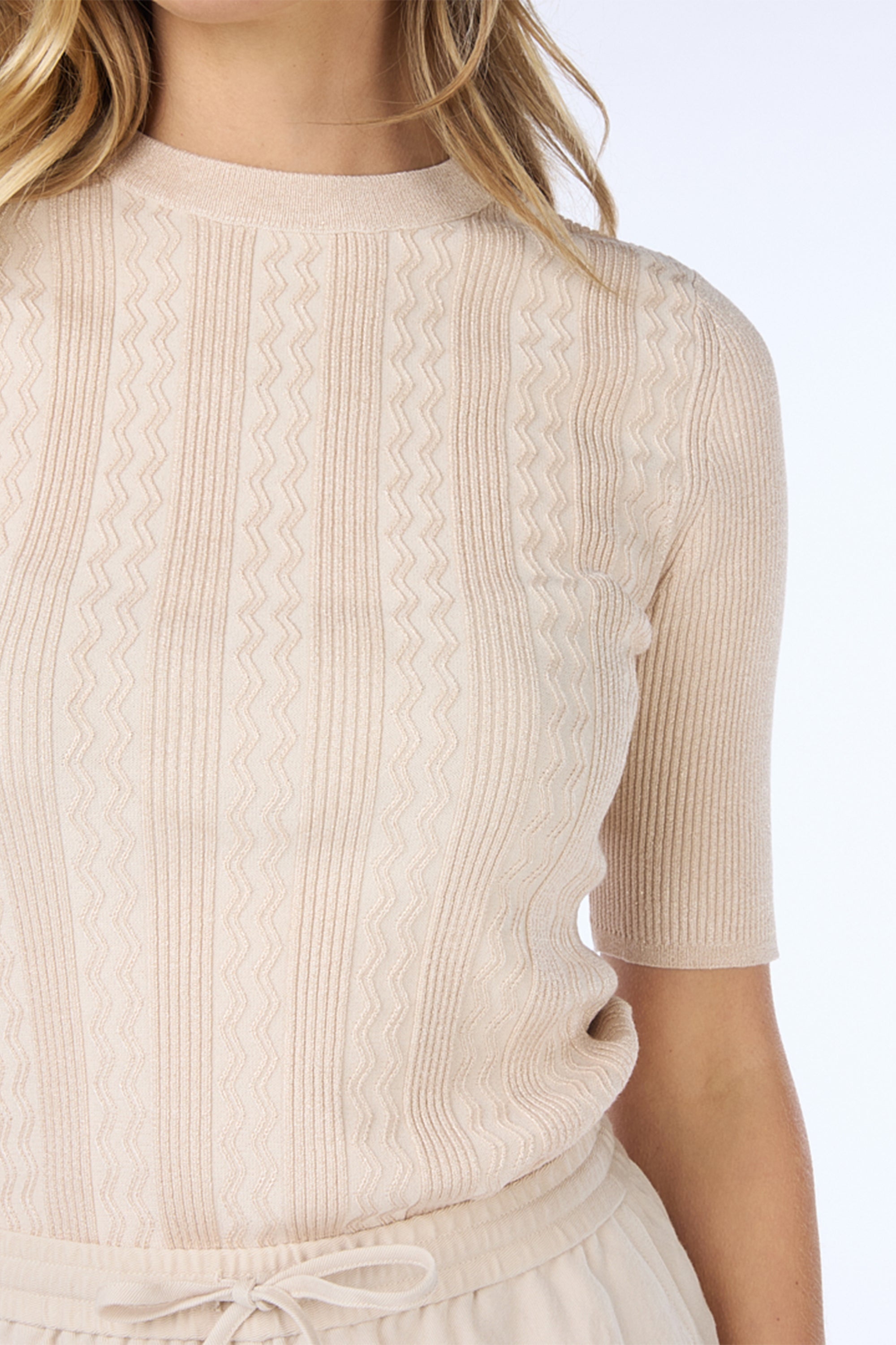 Front close up Esqualo (SP2431001) Women's Short Sleeve Fitted Cream Sweater with Golden Lurex and Striped Ribbed Knit