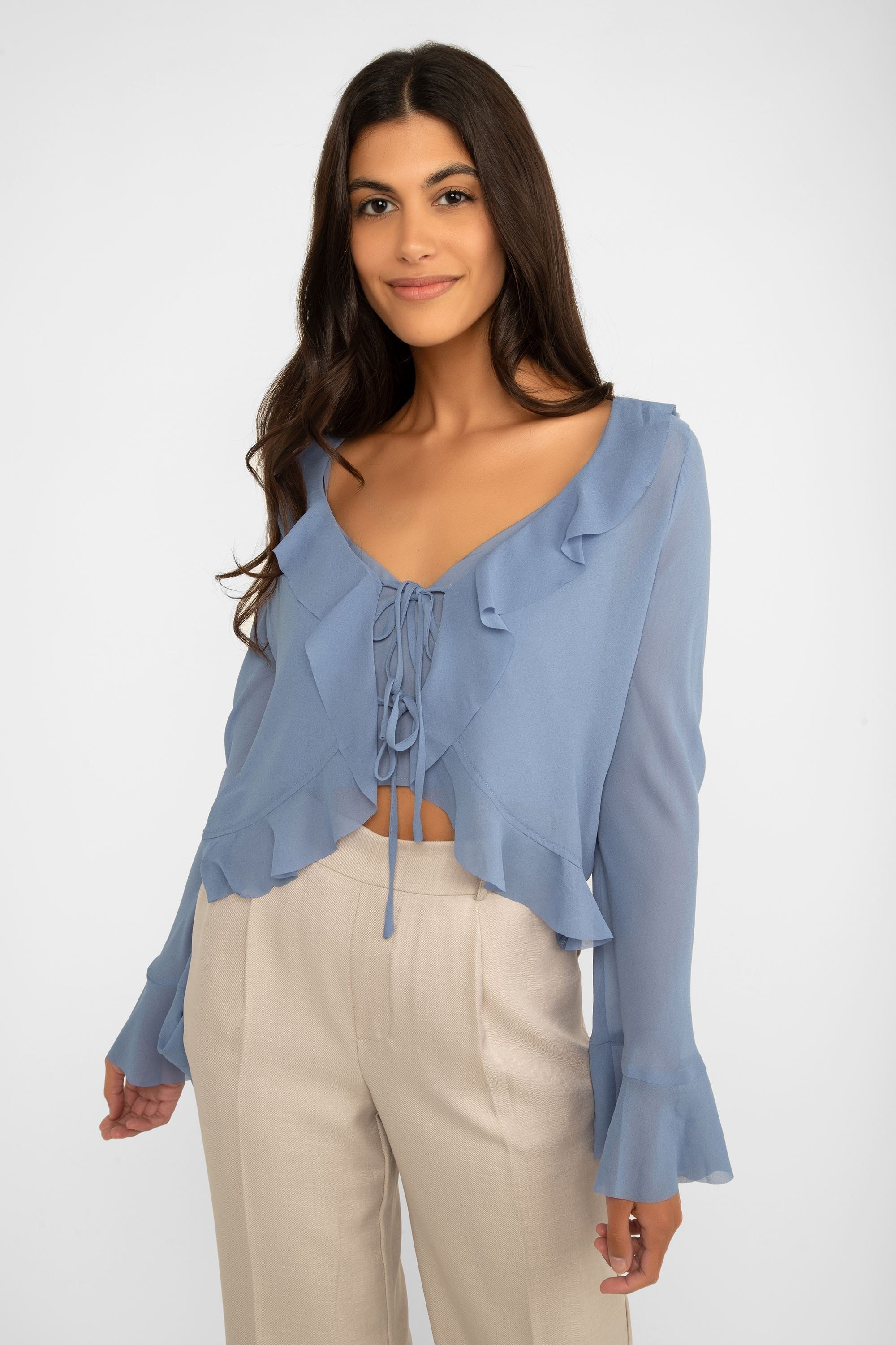 Lucy Paris (T2198) Women's Cropped Long Sleeve Ruffle Blouse in a soft blue chiffon fabric with removable tank