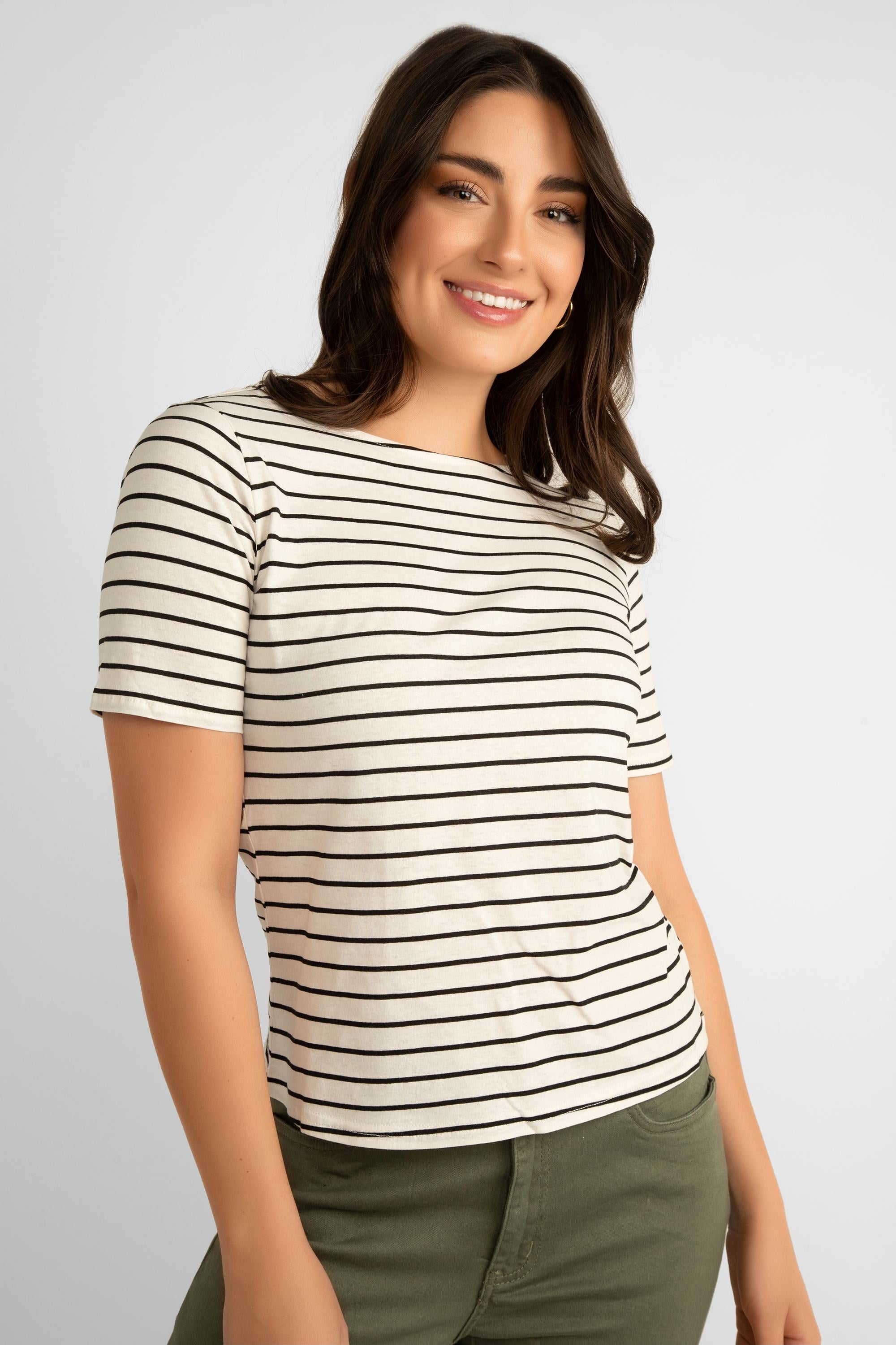 Pink Martini (TO-41128B) Women's Short Sleeve Striped Tee in Beige with Thin black horizontal stripes
