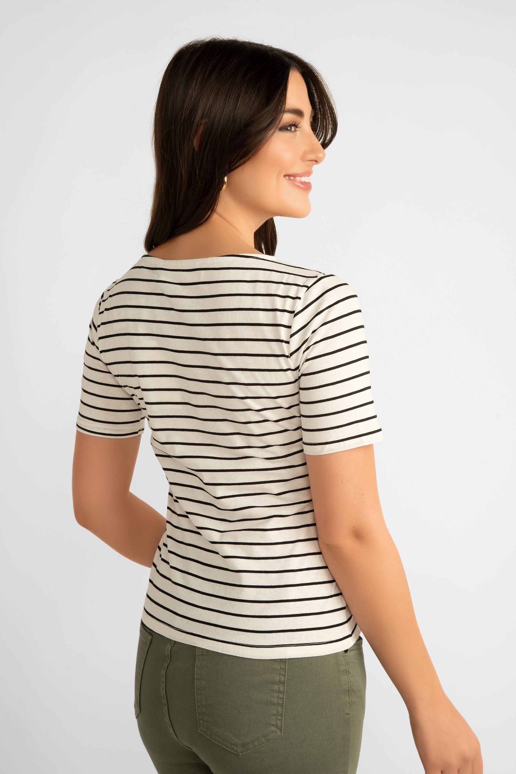 Back view of Pink Martini (TO-41128B) Women's Short Sleeve Striped Tee in Beige with Thin black horizontal stripes