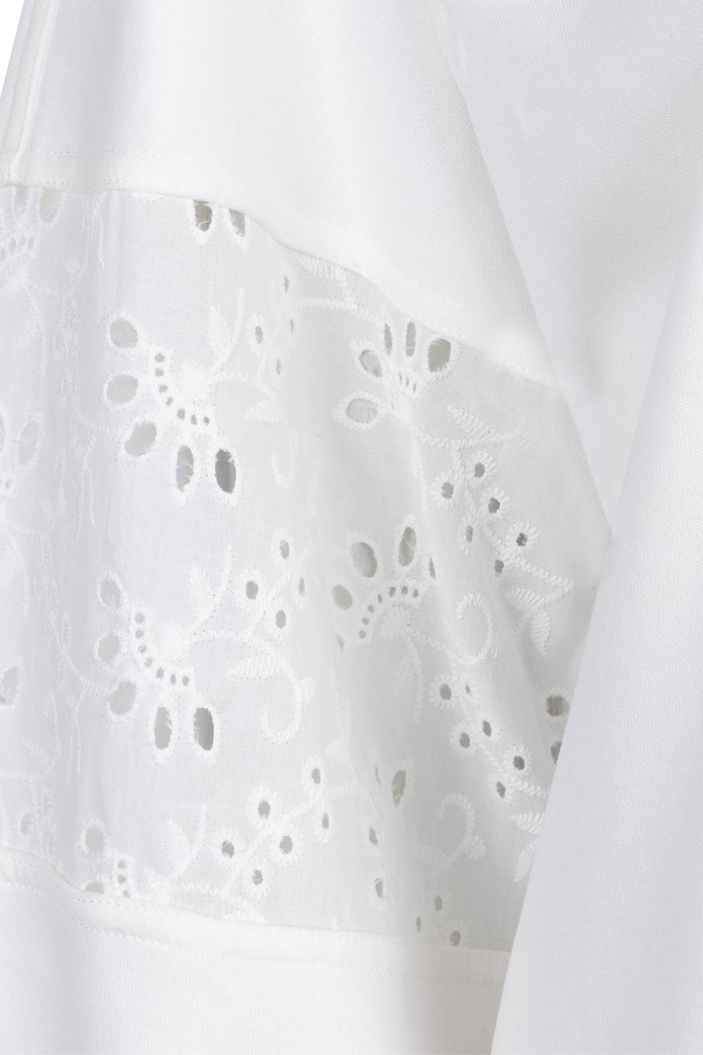 Close up of eyelet lace on Esqualo ( SP2405016) Women's Long Sleeve Sweatshirt With Eyelet Lace Sleeve Detail in White