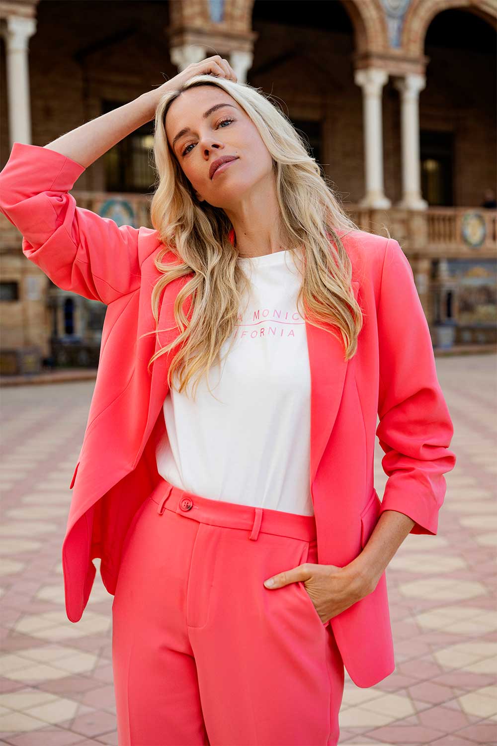 Esqulao (SP2410023) Women's Ruched 3/4 Sleeve Open Front Blazer with Flap Pockets in Strawberry PInk