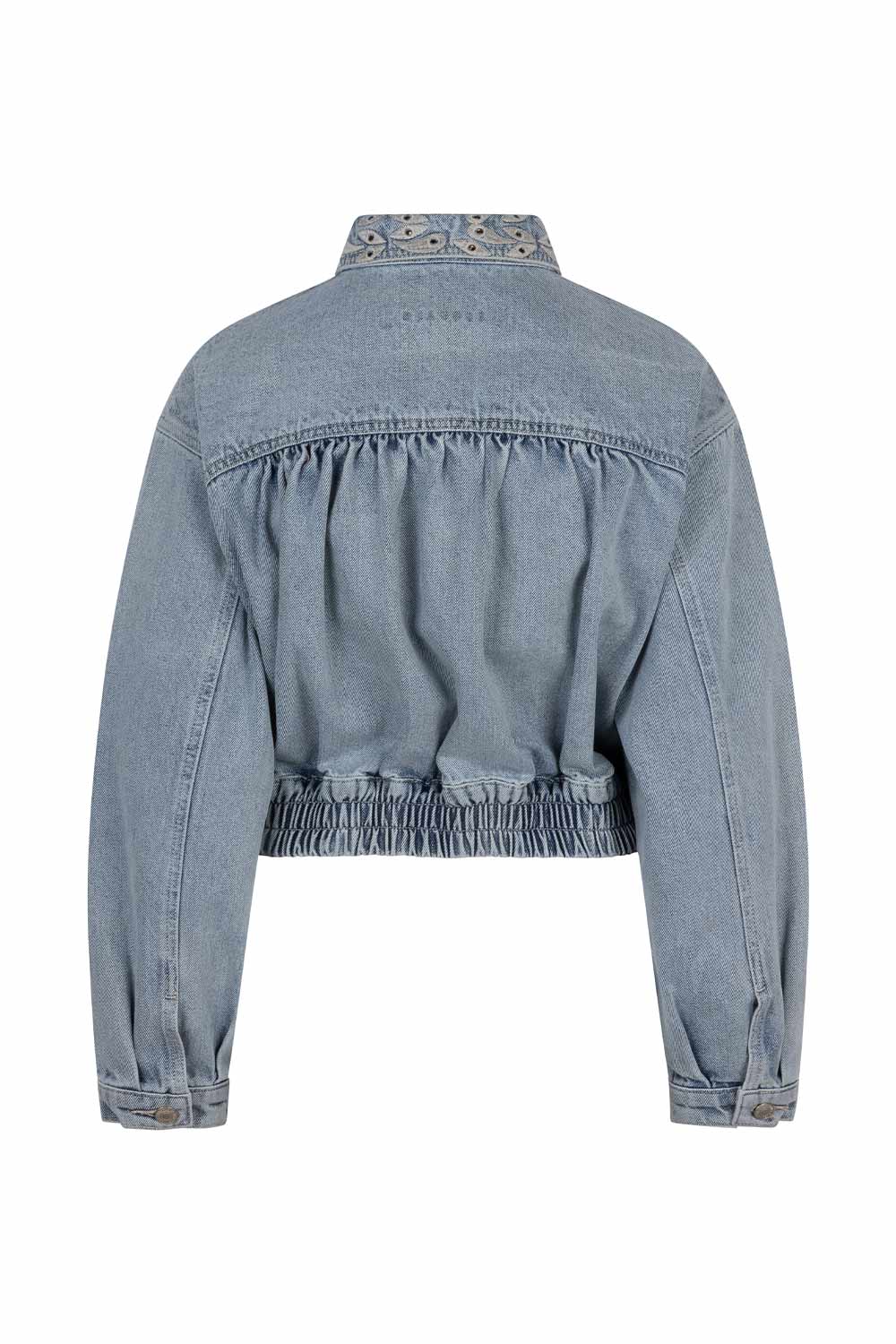 Back view of Esqualo (SP2412002) Women's Long Sleeve Cropped Blue Jean Jacket With Embroidery & Rhinestones on Collar and Front Panels