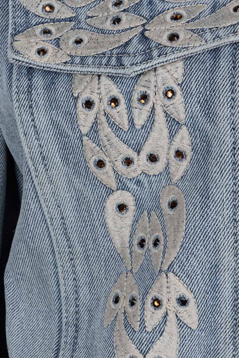 Close up of Esqualo (SP2412002) Women's Long Sleeve Cropped Blue Jean Jacket With Embroidery & Rhinestones on Collar and Front Panels