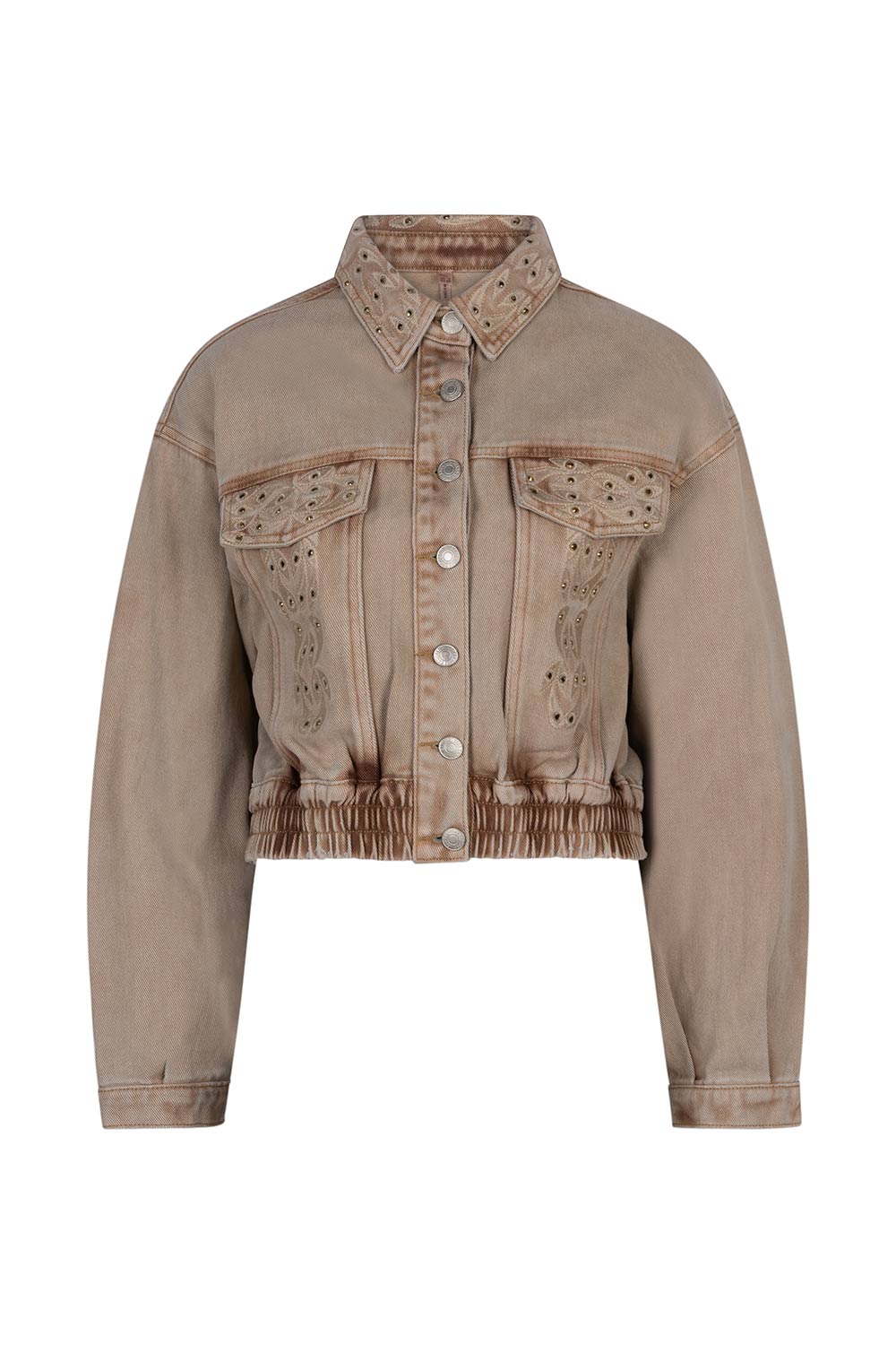 Esqualo (SP2412010) Women's Long Sleeve Cropped Dark Sand Jean Jacket With Embroidery and Rhinestone embellishment