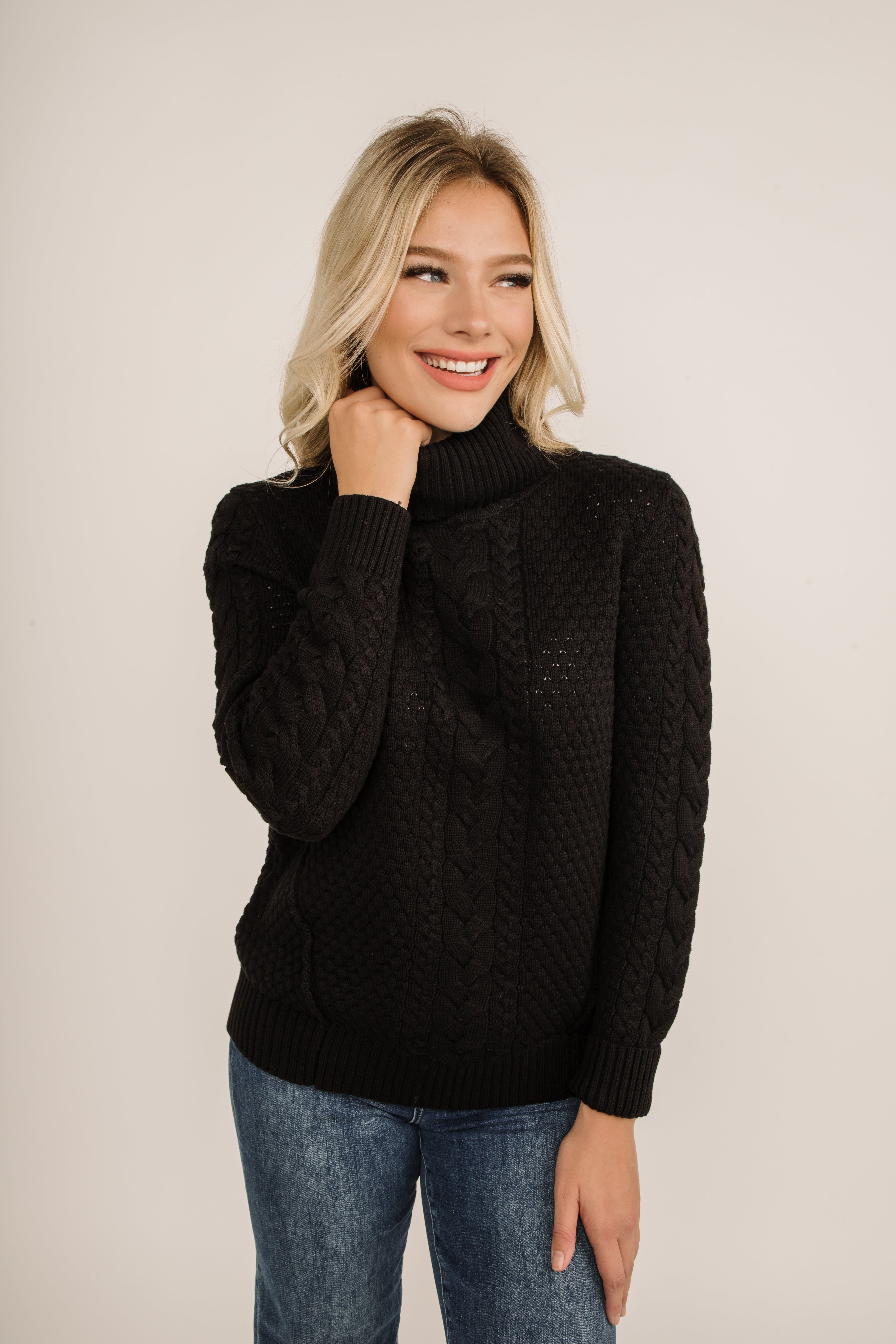 Women's Clothing ALISON SHERI (A40020) Cable Knit Cowl Neck Sweater in BLACK