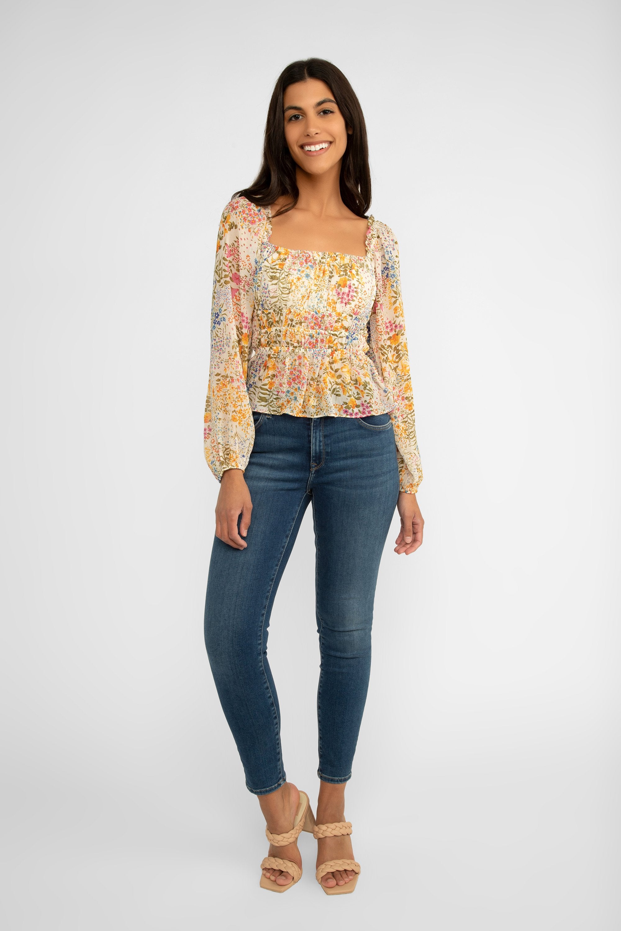 Lucy Paris (T2116) Women's Long Sleeve Cream Floral Chiffon Blouse with Square Neck and Gathered Waist