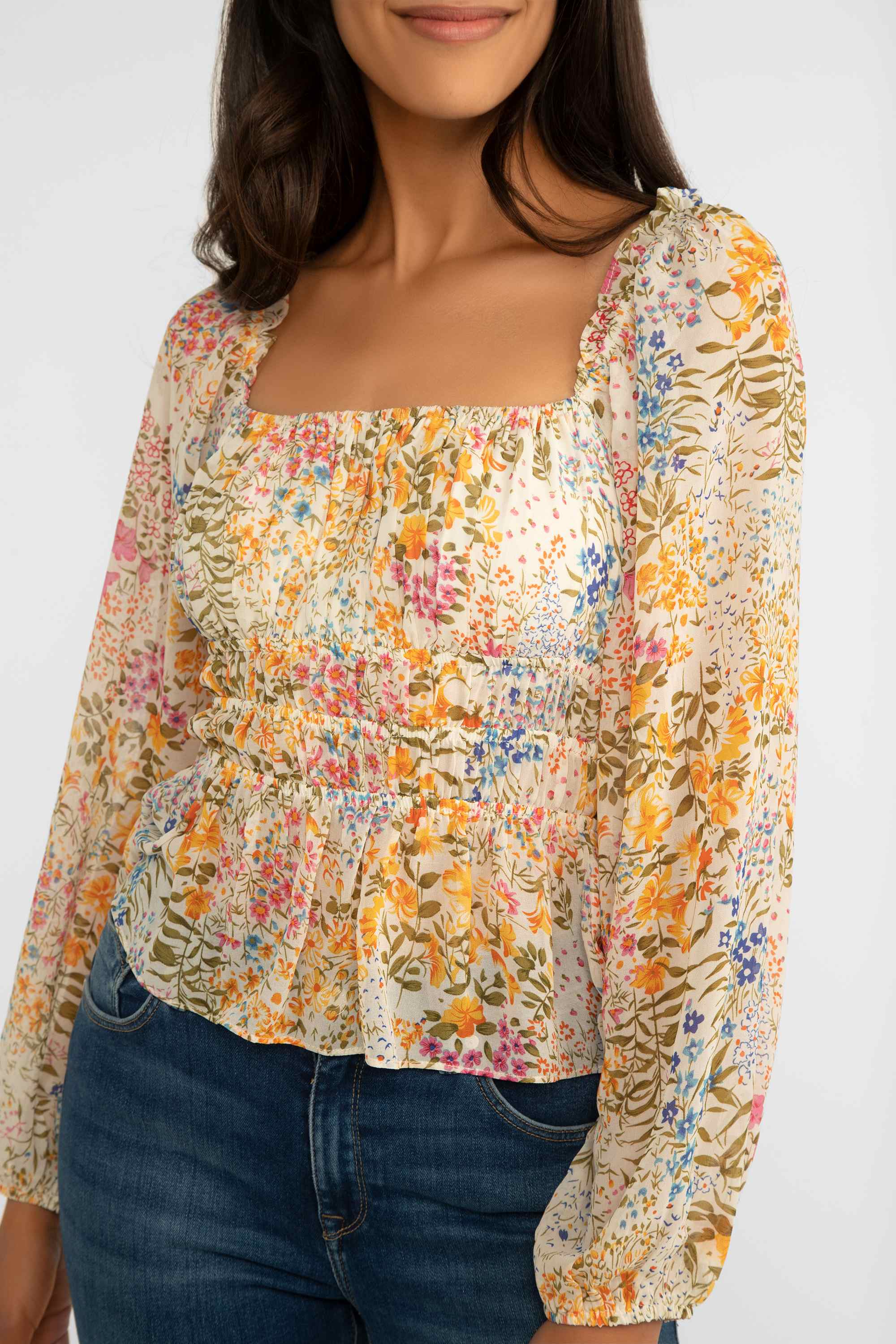 Lucy Paris (T2116) Women's Long Sleeve Cream Floral Chiffon Blouse with Square Neck and Gathered Waist
