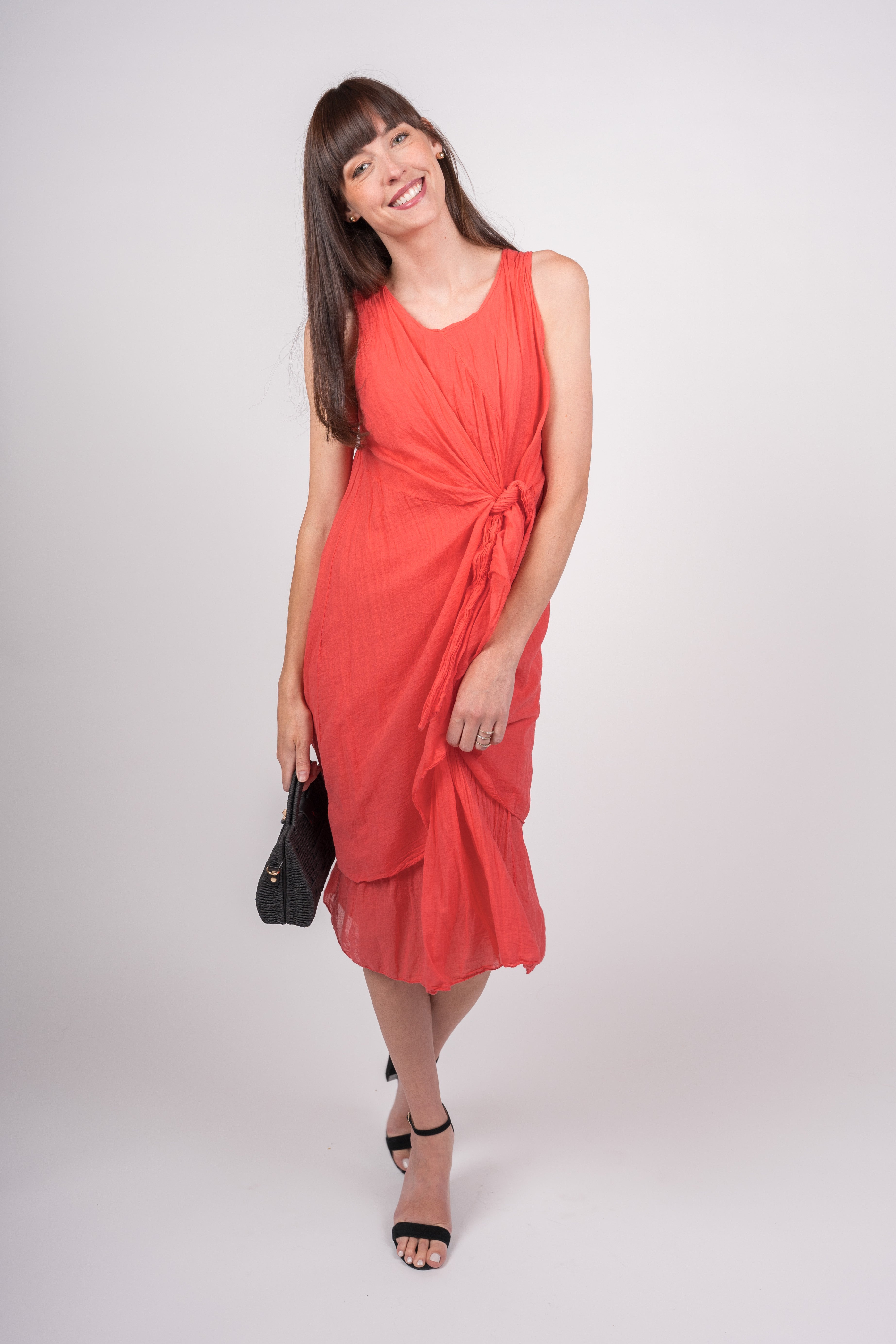 Me & Gee (12-1208) Women's Sleeveless Front Knot Midi Dress Made from layered cotton in coral