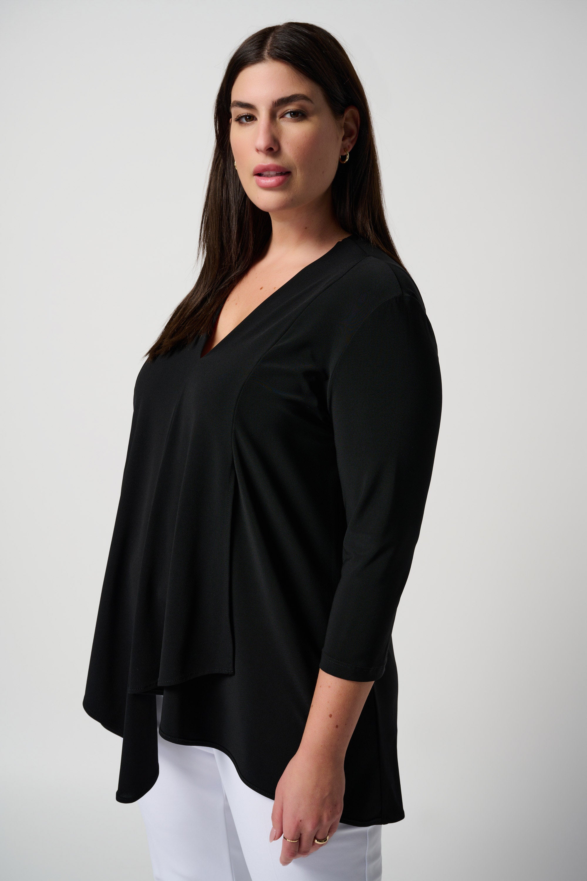 Side view of Joseph RIbkoff (161066NOS) Women's 3/4 Sleeve V-neck Tunic with Asymmetrical Hem in Black