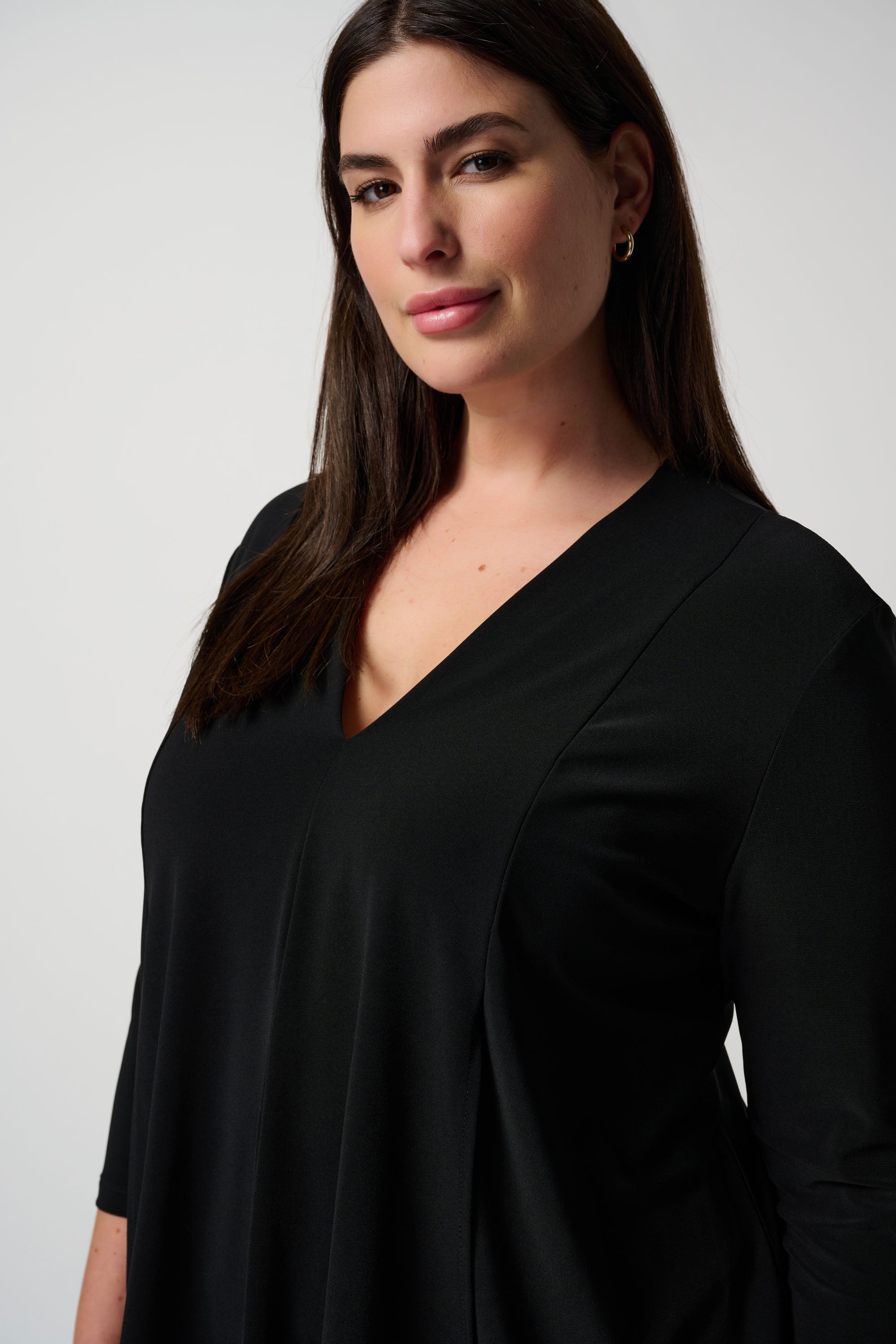 Front close up of Joseph RIbkoff (161066NOS) Women's 3/4 Sleeve V-neck Tunic with Asymmetrical Hem in Black