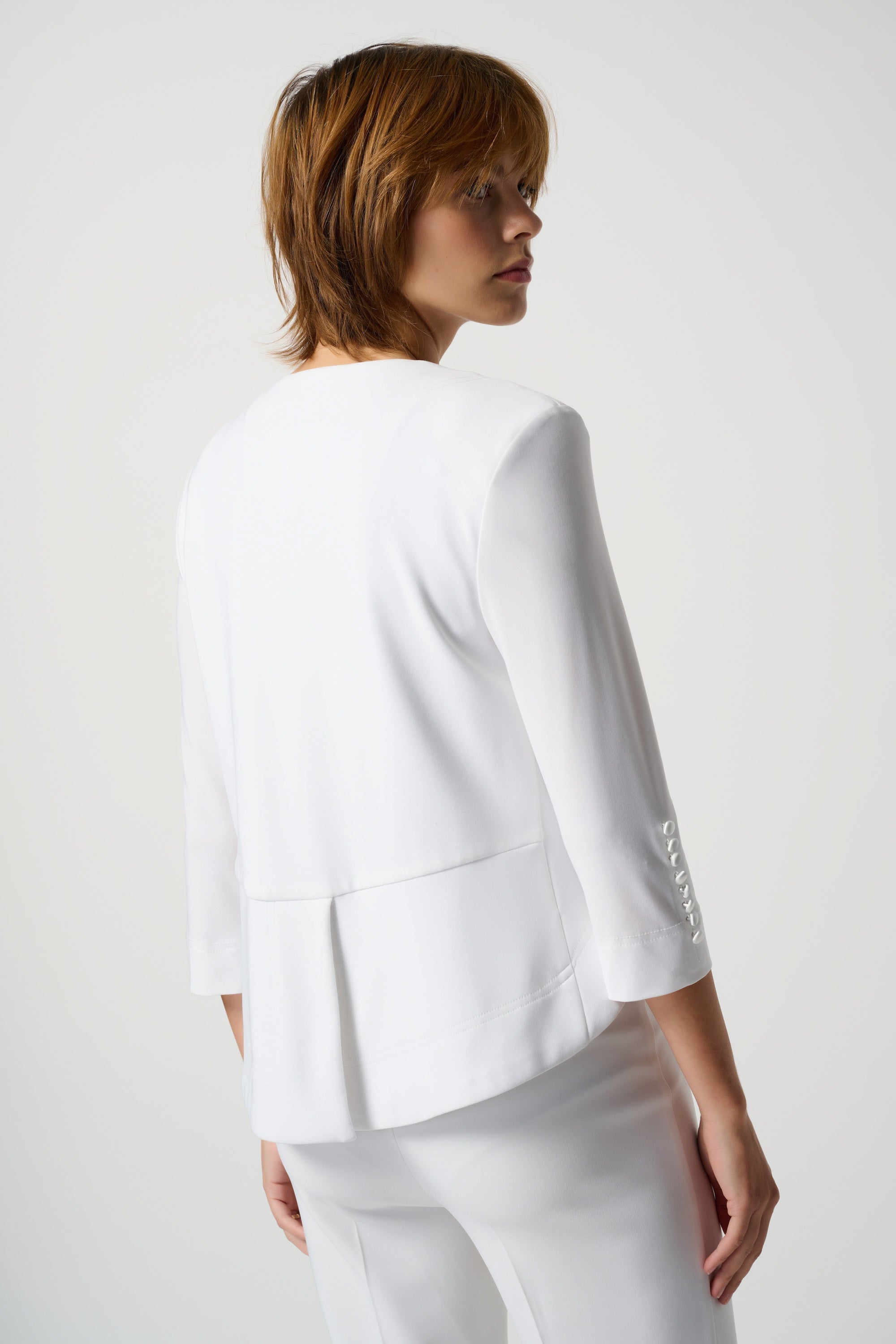 Back view of Joseph Ribkoff (161140NOS) Women's 3/4 Sleeve Open Front Tux Over piece in Vanilla White