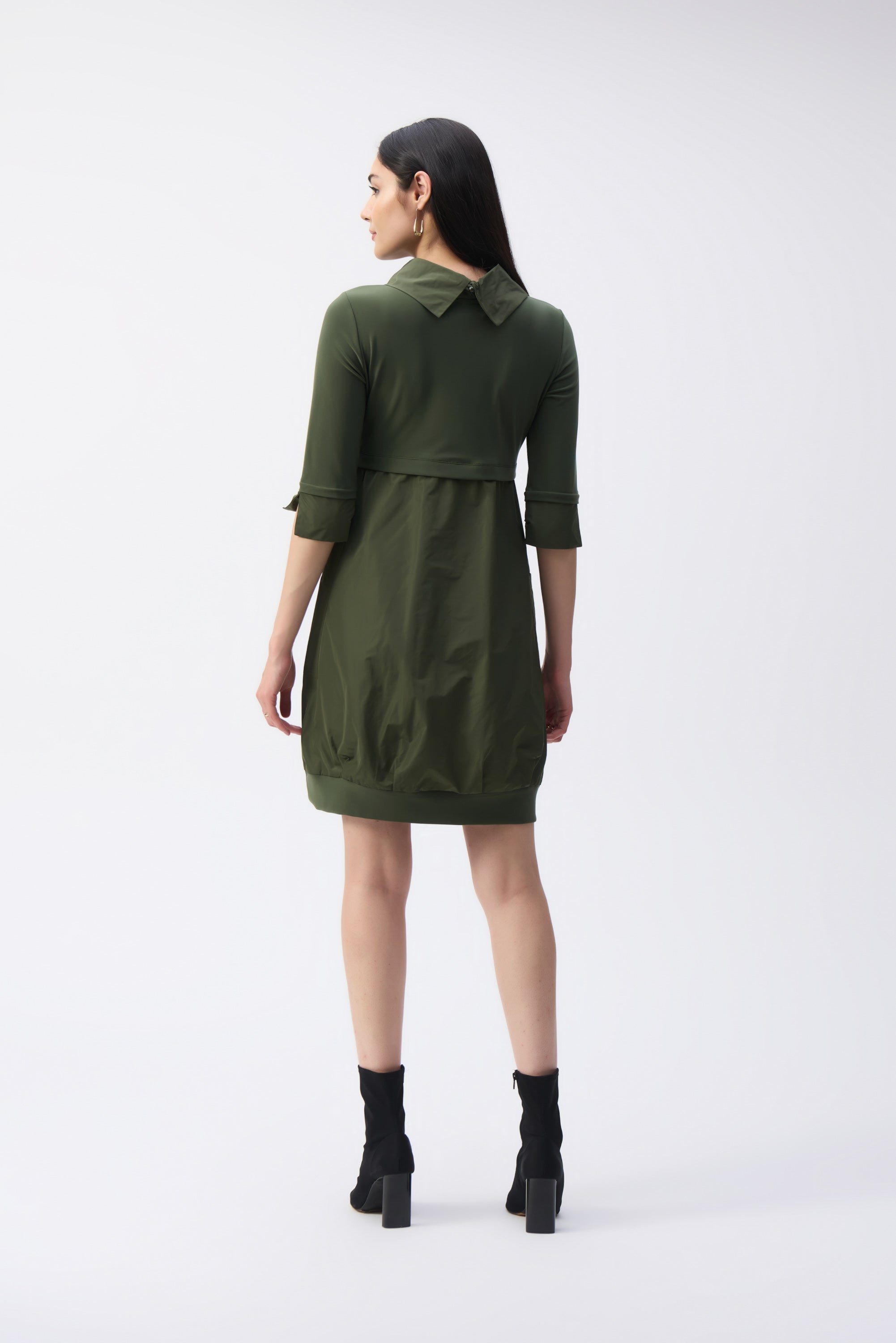 Back View Joseph Ribkoff  (173444F24) Knee Length 3/4 Sleeve Cocoon Dress in Iguana Green