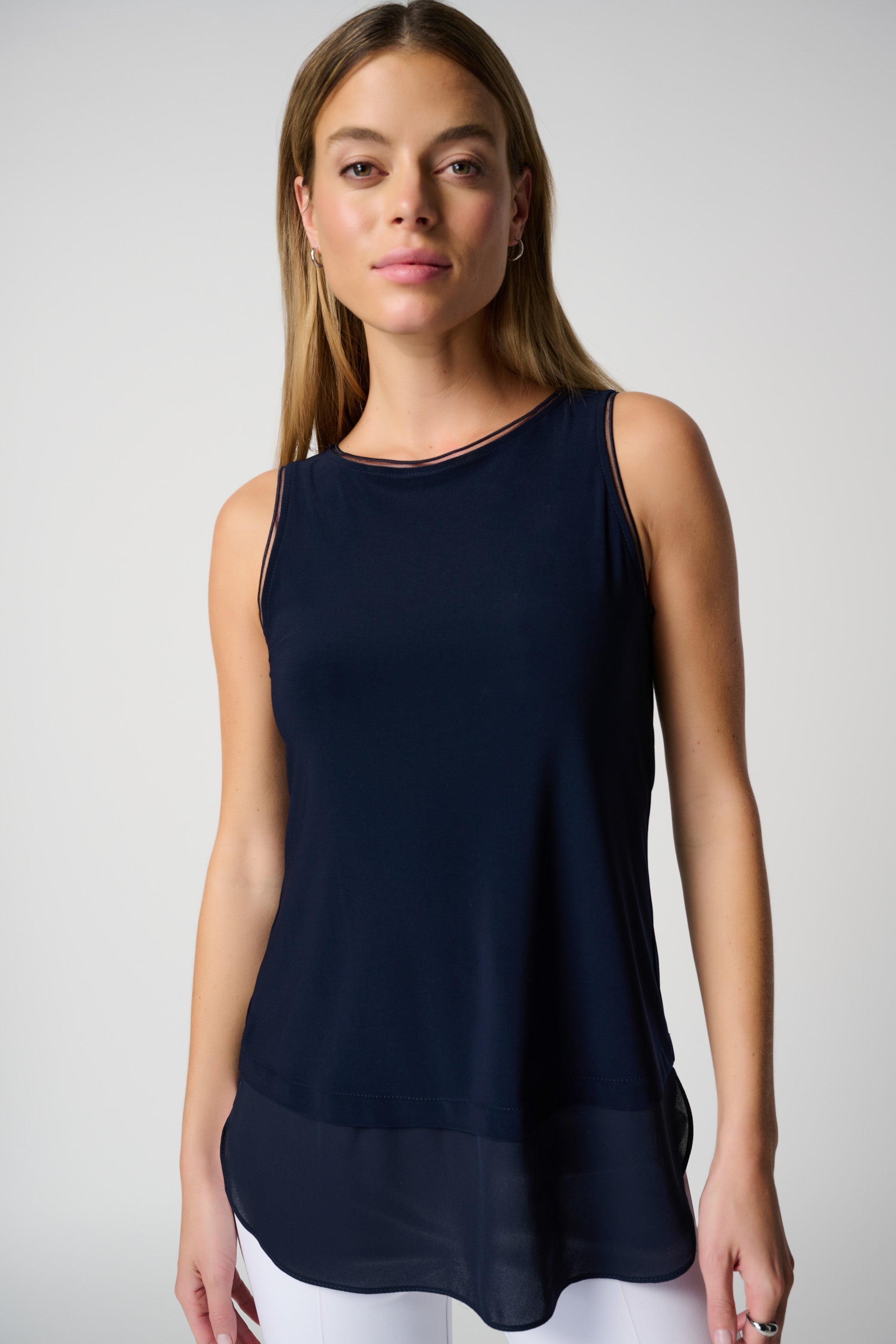 Front view of Joseph Ribkoff (183126NOS) Women's S;eeveles Layer Hem Cami - The Essentials in Midnight Blue