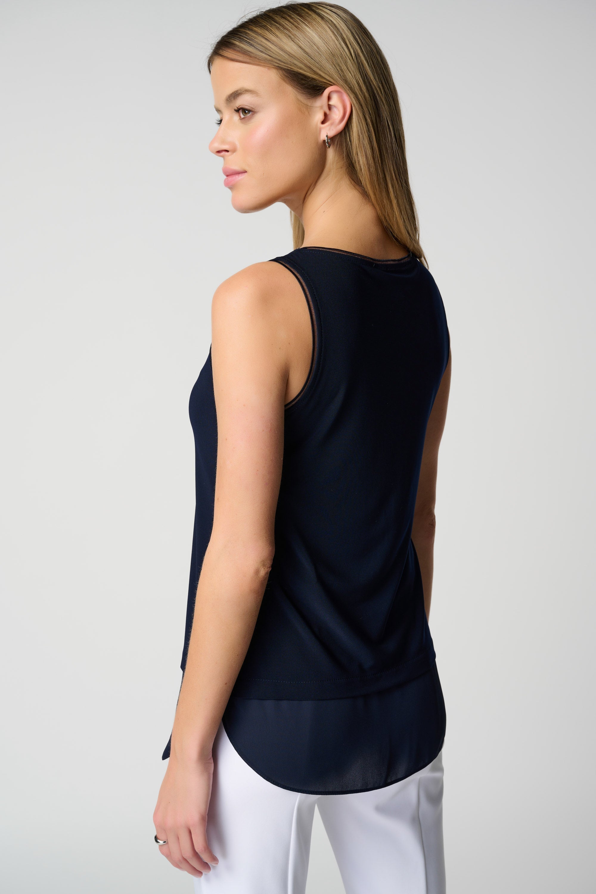 Back view of Joseph Ribkoff (183126NOS) Women's S;eeveles Layer Hem Cami - The Essentials in Midnight Blue