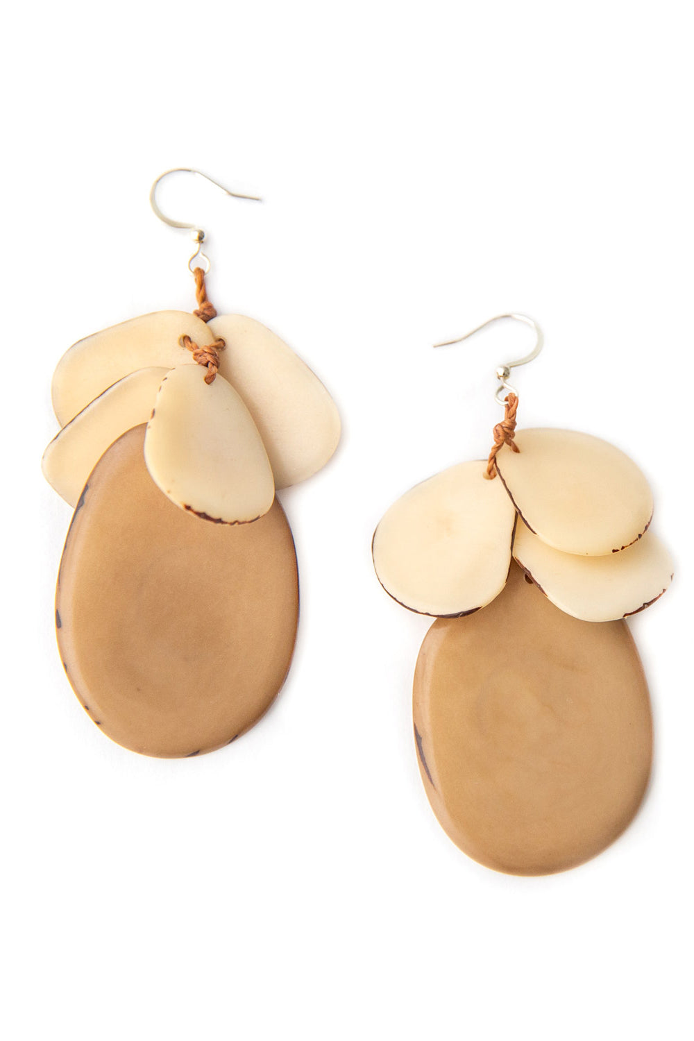 Organic Tagua Jewelry (1E179) Jordin Earrings - brown and cream tagua nut slice drop earrings