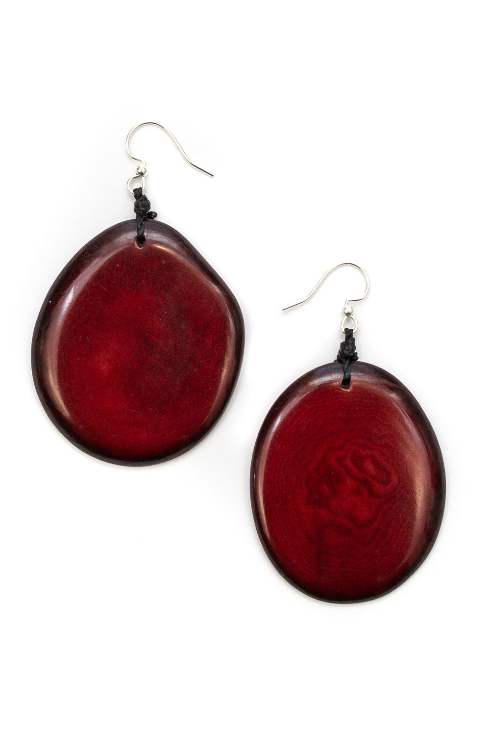 Organic Tague Jewelry (1E250) Drop earrings made from organic tagua nut slices in burgundy