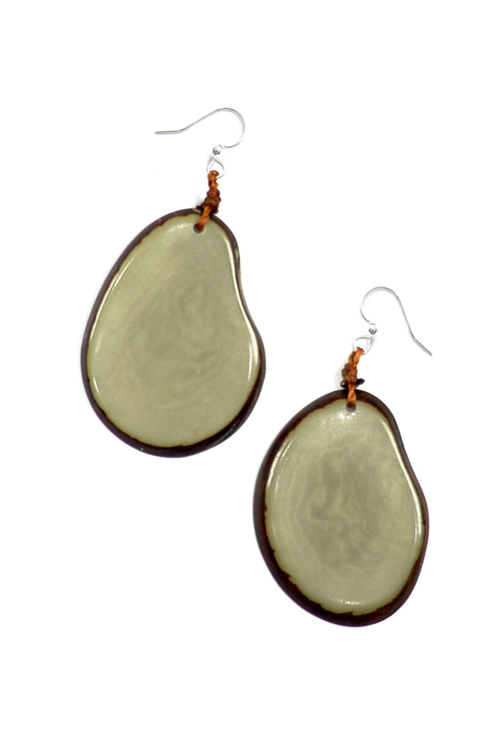 Organic Tague Jewelry (1E250) Drop earrings made from organic tagua nut slices in olive green