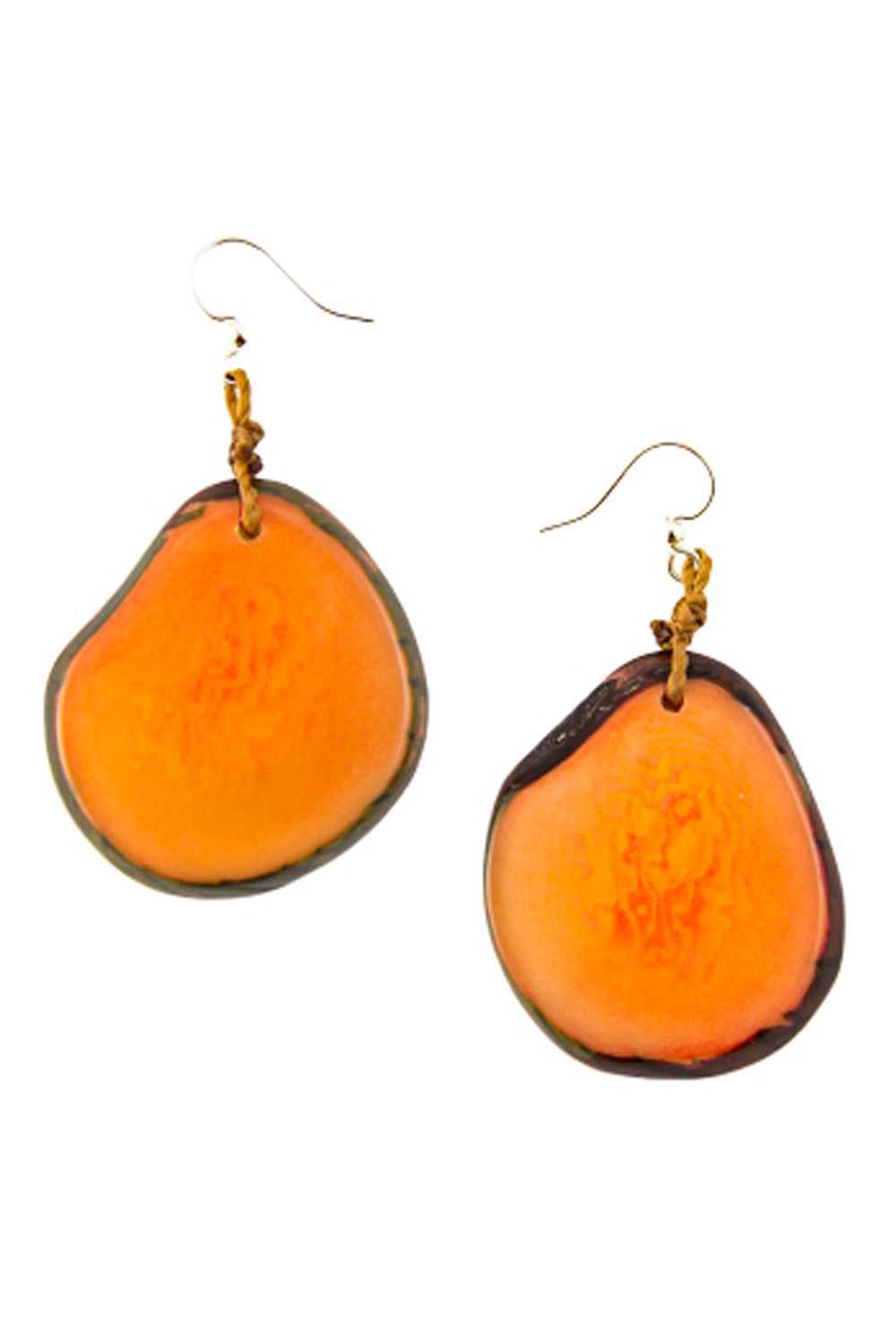 Organic Tague Jewelry (1E250) Drop earrings made from organic tagua nut slices in orange