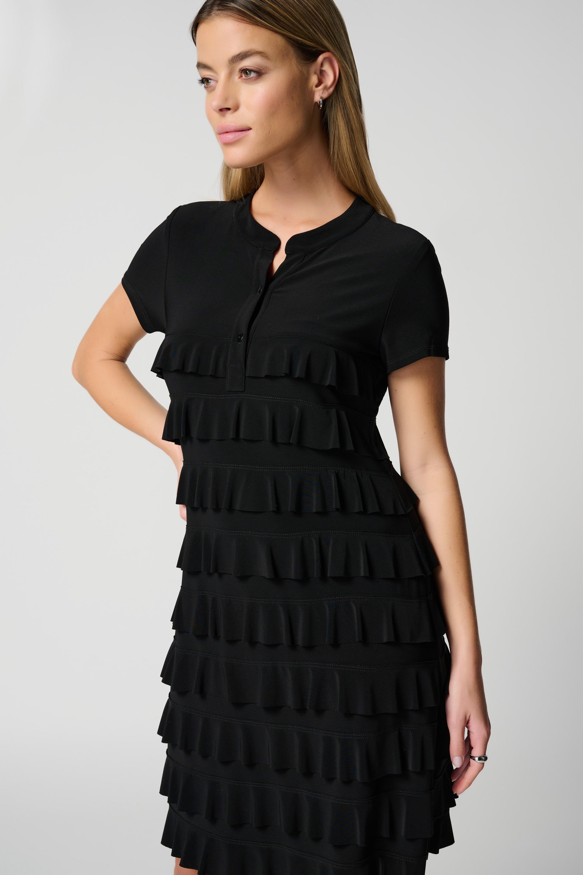 Joseph Ribkoff (211350NOS) Women's Short Sleeve Knee Length Dress With Stand Collar and Ruffle Detailing in Black