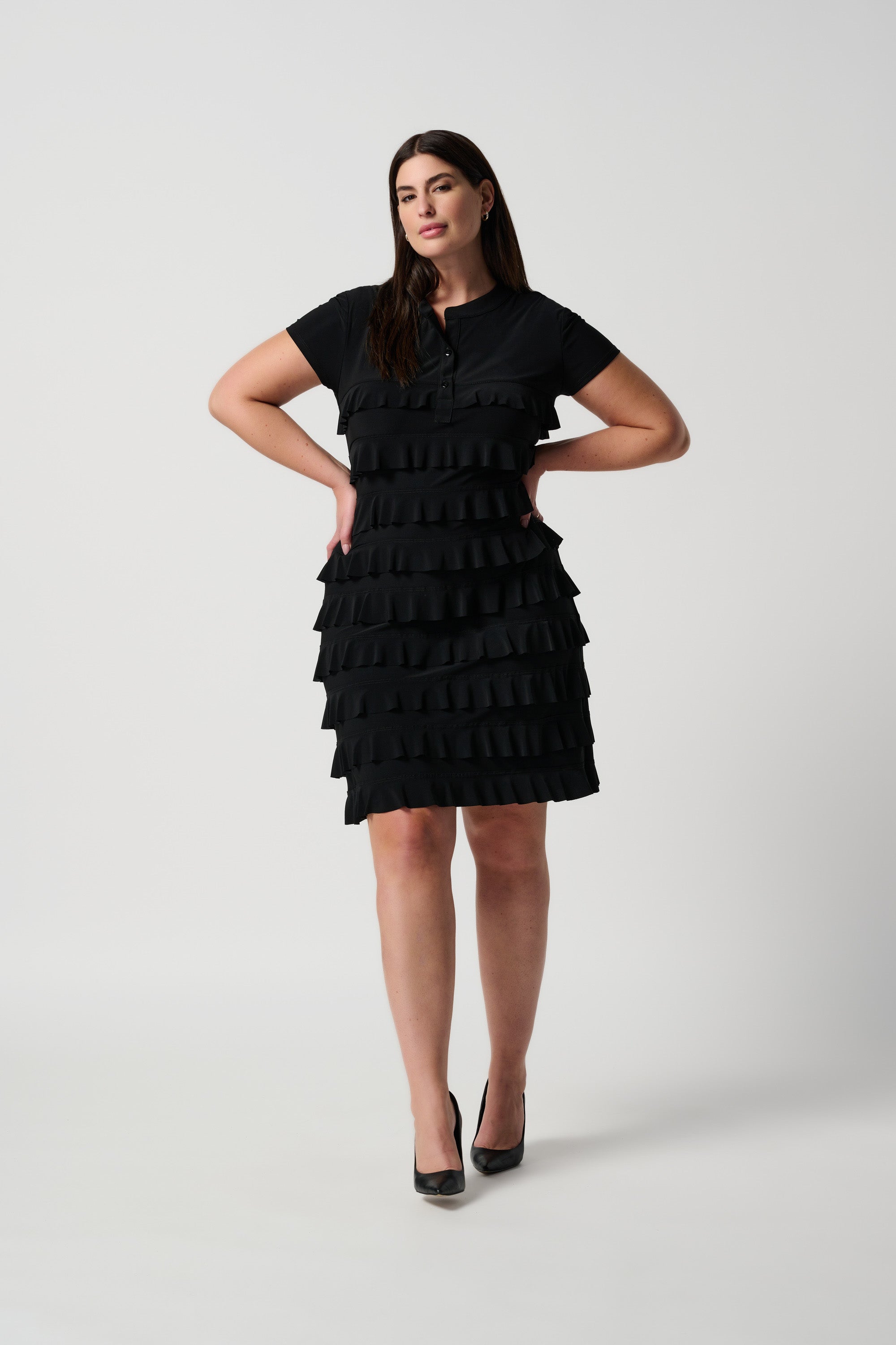 Front view of Joseph Ribkoff (211350NOS) Women's Short Sleeve Knee Length Dress With Stand Collar and Ruffle Detailing in Black