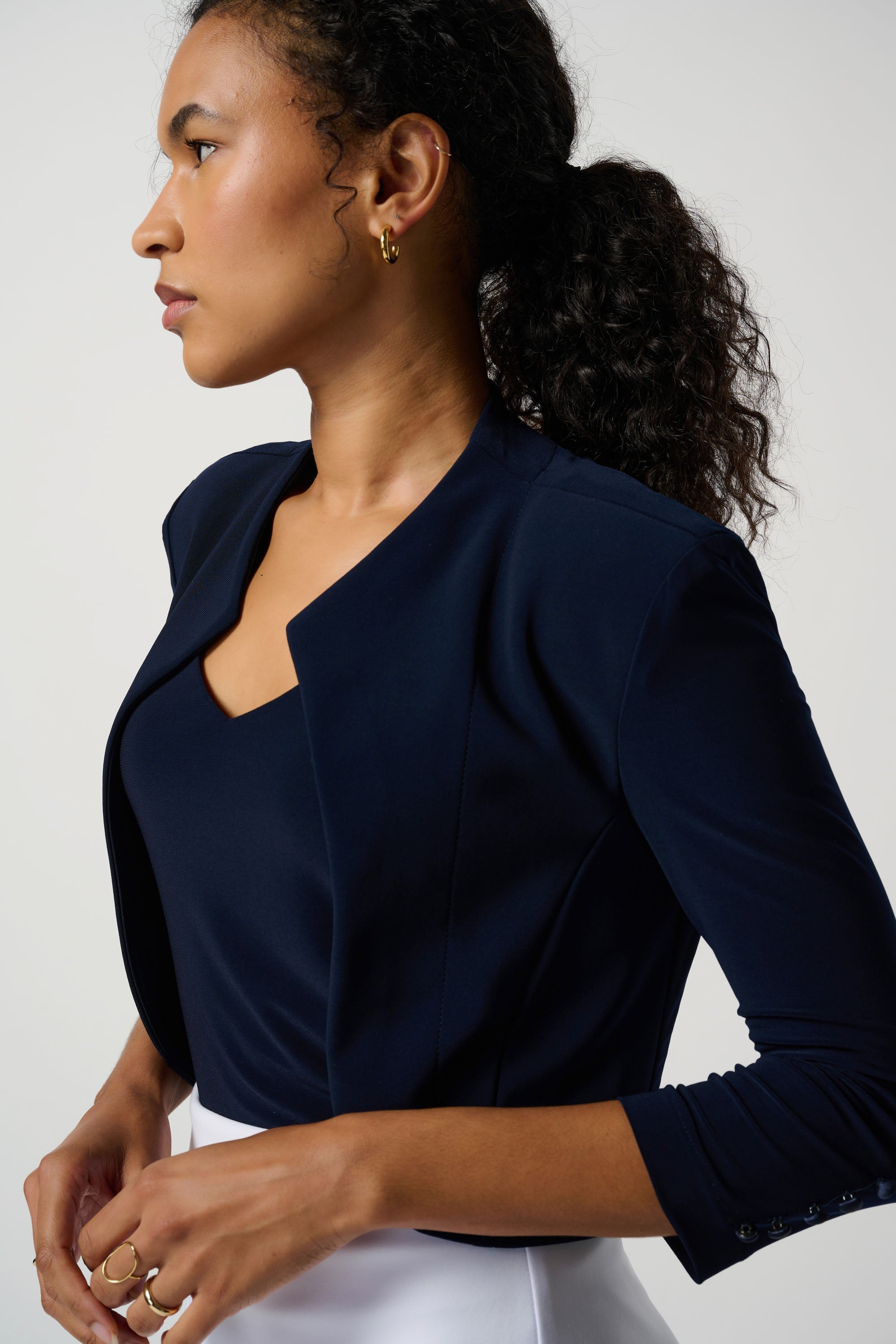 Side view of  Joseph Ribkoff (213707NOS) Women's 3/4 Sleeve Classic Bolero Jacket in Midnight Blue