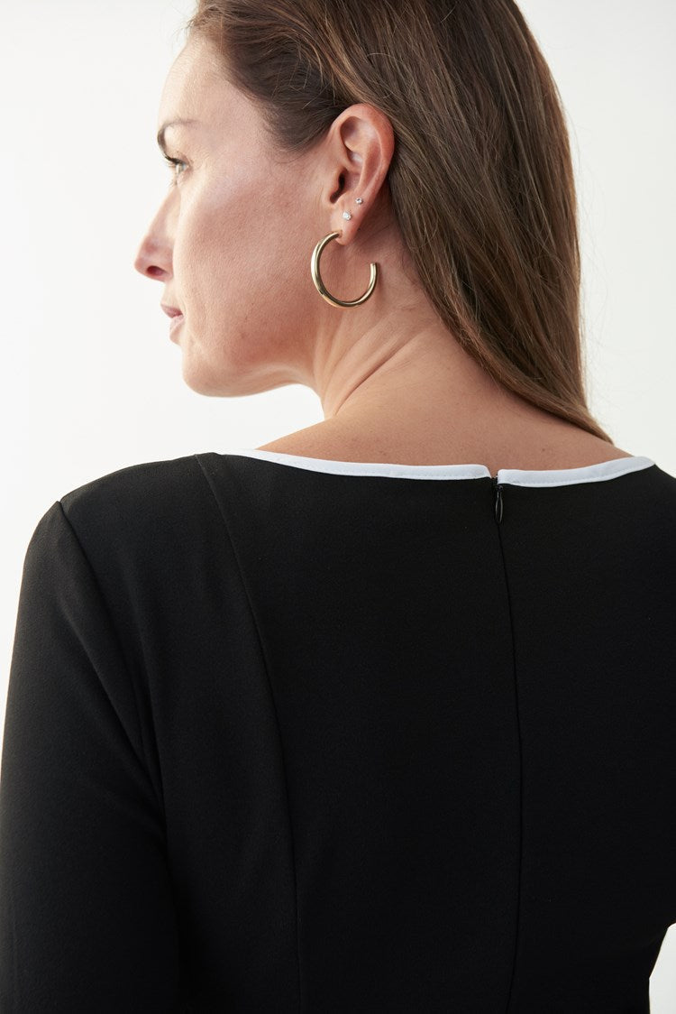 Close up of neckline and back zipper of Joseph Ribkoff (221210S24) 3/4 Sleeve Black Scuba Crepe Sheath Dress with White Trim and Front Tie sash