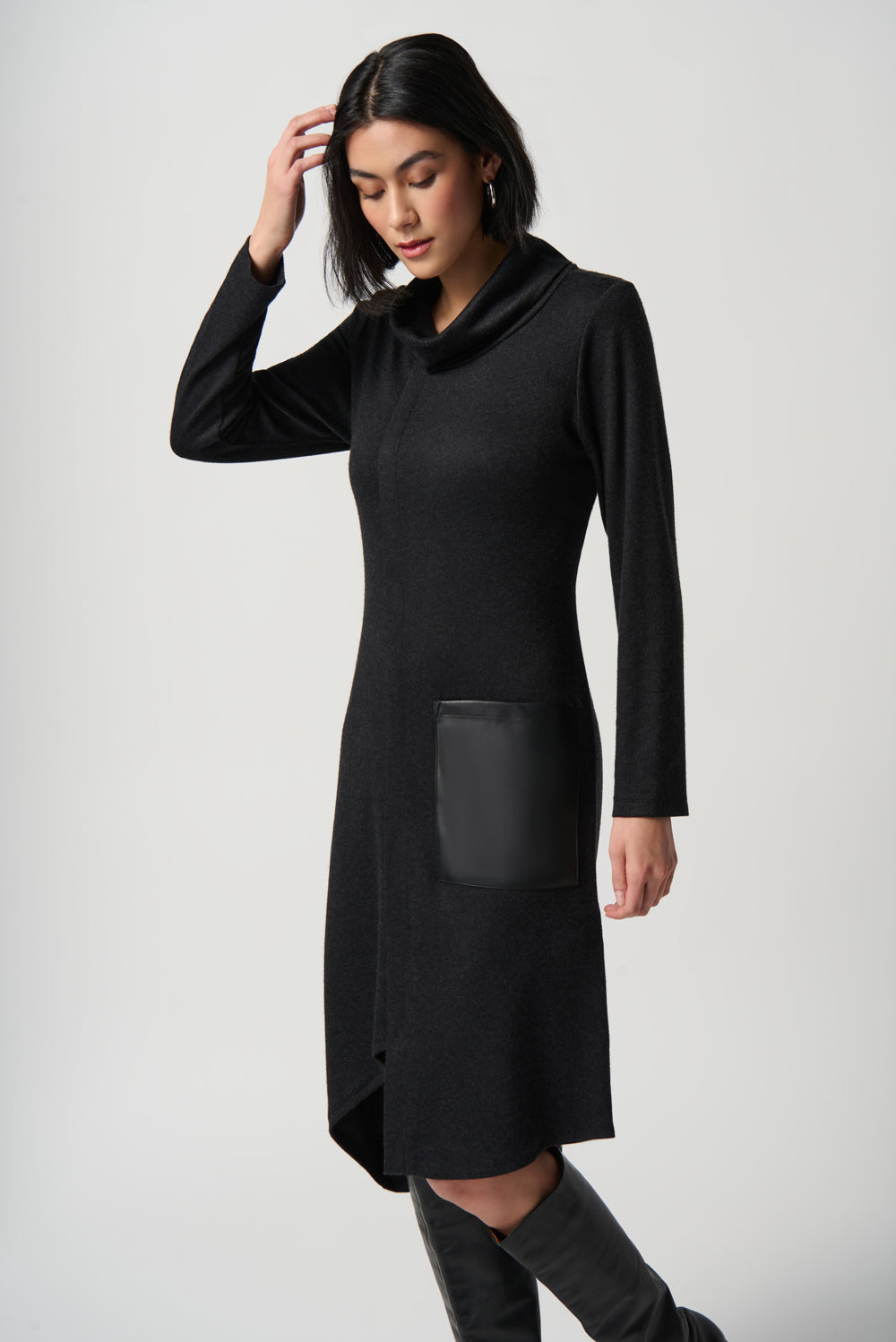 Sweater Knit Dress with Faux Leather Patch Pocket