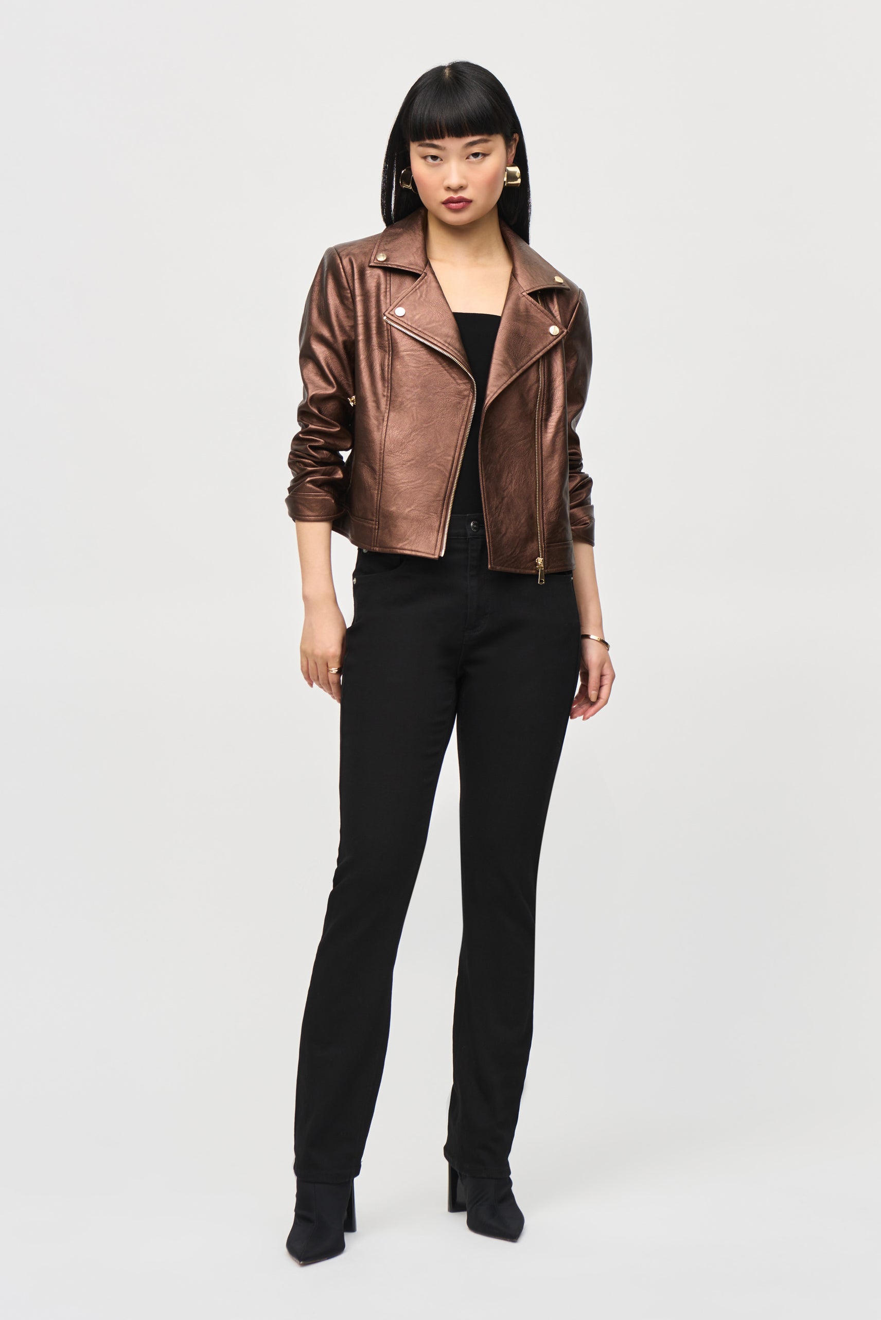 Front view of Joseph Ribkoff (234902F24) Women's Long Sleeve Metallic Bronze Faux Leather Biker Jacket