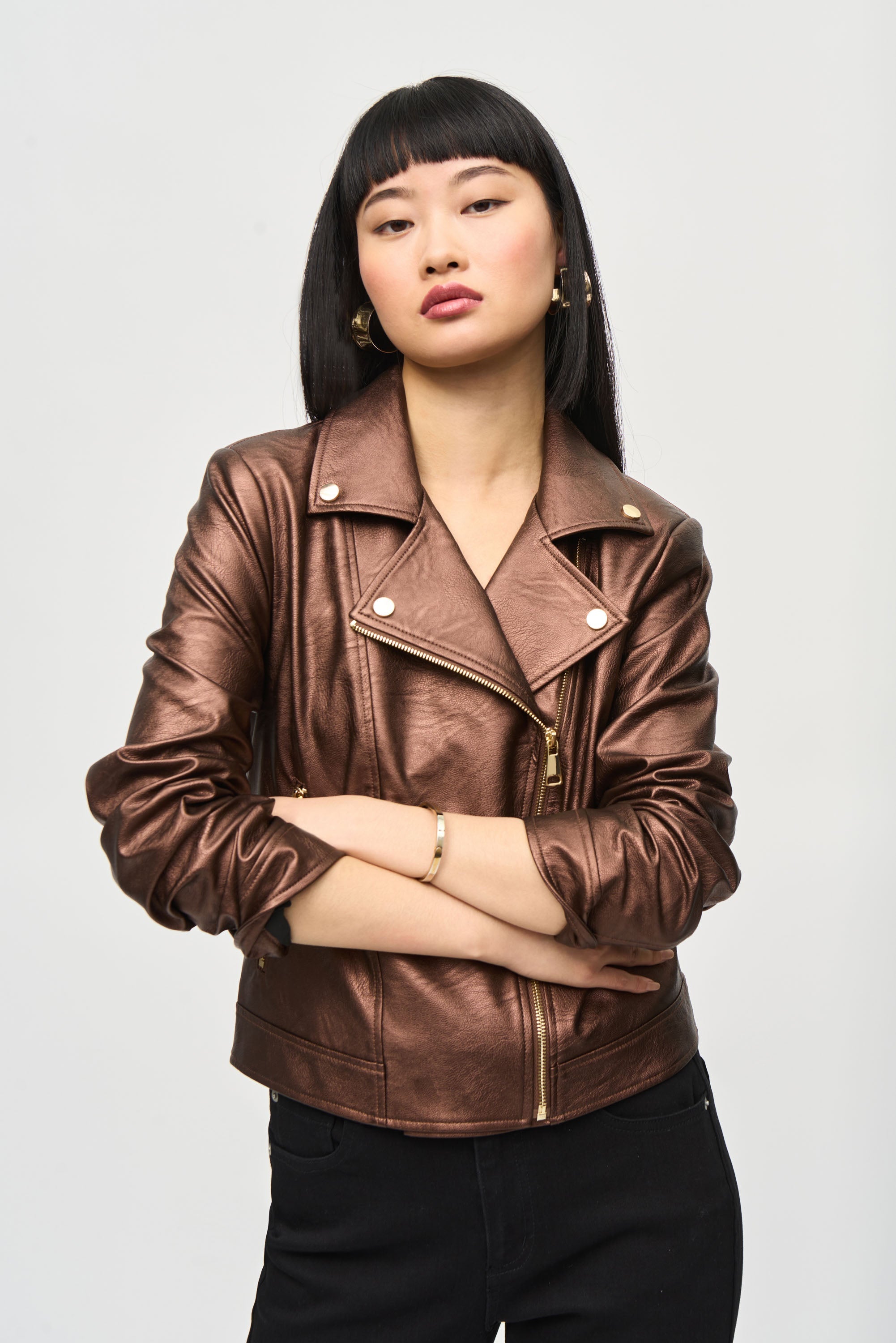 Joseph Ribkoff (234902F24) Women's Long Sleeve Metallic Bronze Faux Leather Biker Jacket