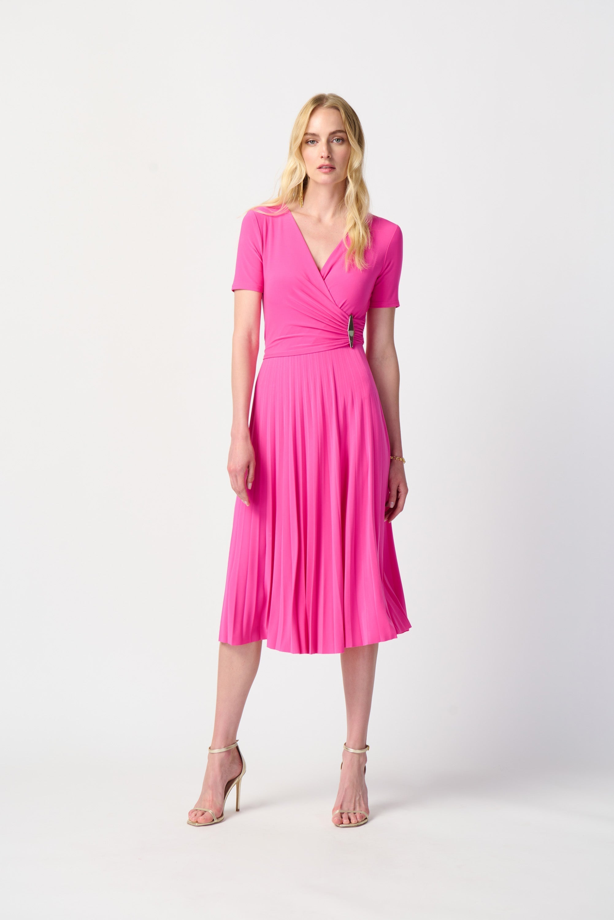 Joseph Ribkoff (241013) Women's Short Sleeve Silky Knit V-Neck Pleated Midi Dress in Ultra Pink