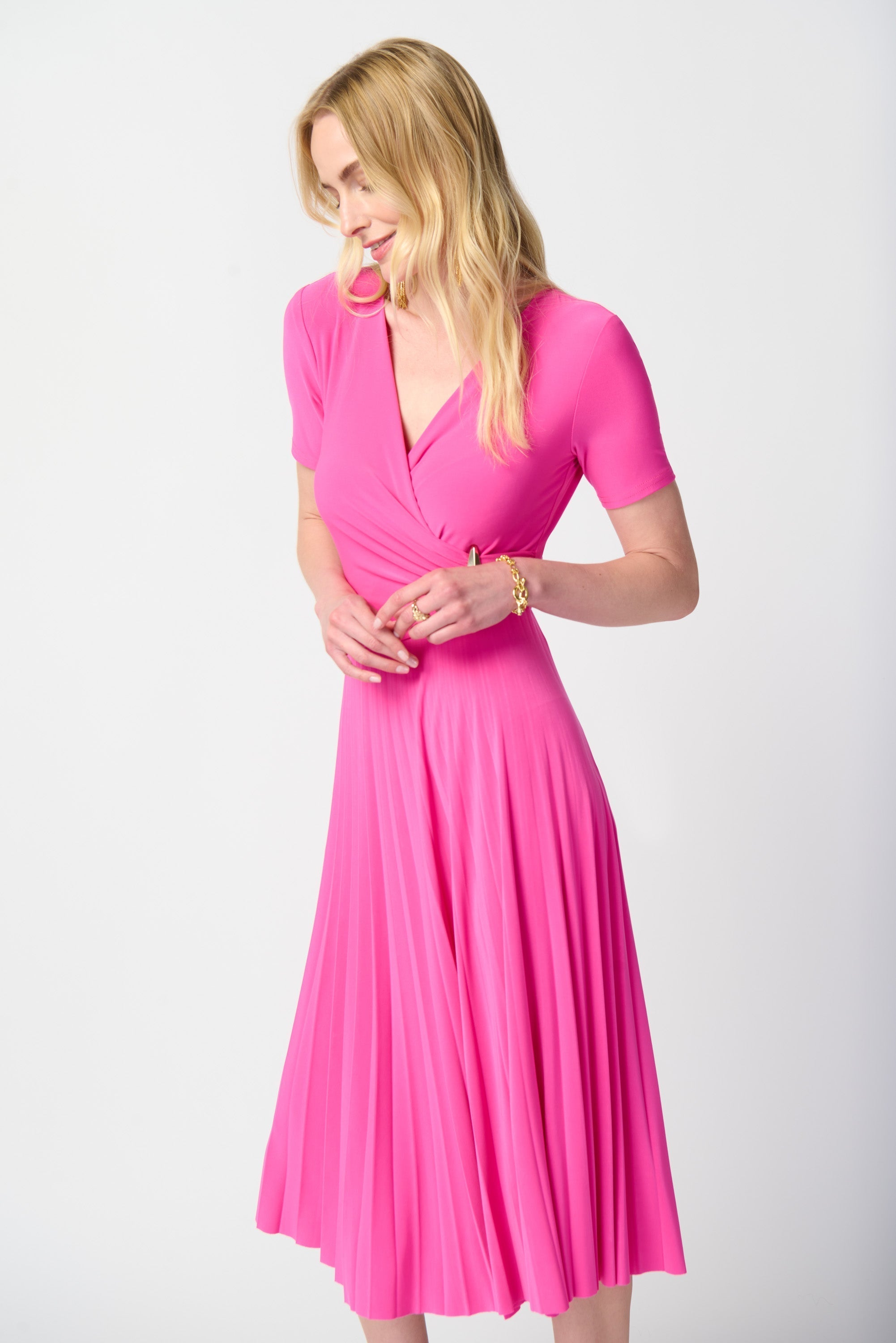 Joseph Ribkoff (241013) Women's Short Sleeve Silky Knit V-Neck Pleated Midi Dress in Ultra Pink