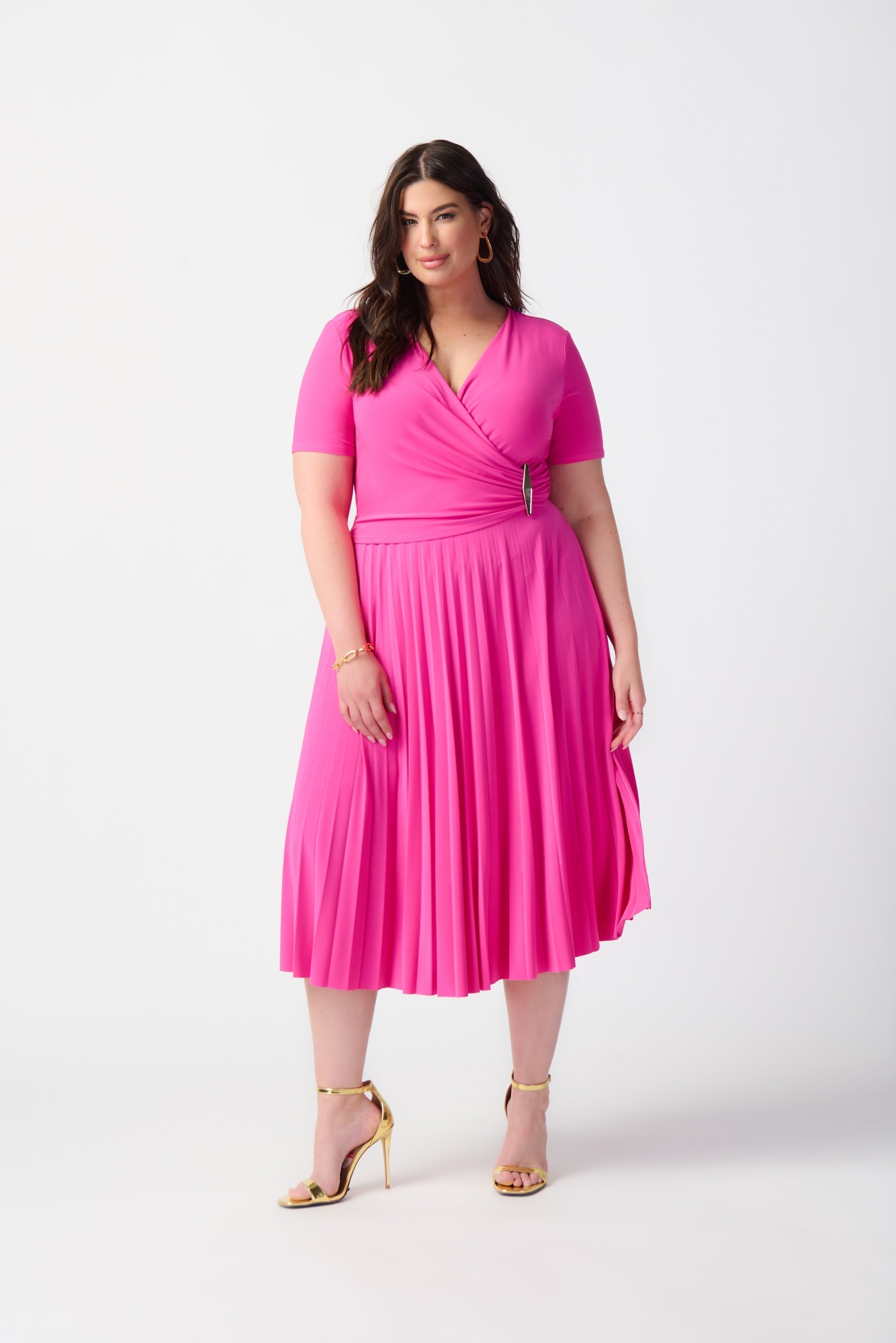 Joseph Ribkoff (241013) Women's Short Sleeve Silky Knit V-Neck Pleated Midi Dress in Ultra Pink