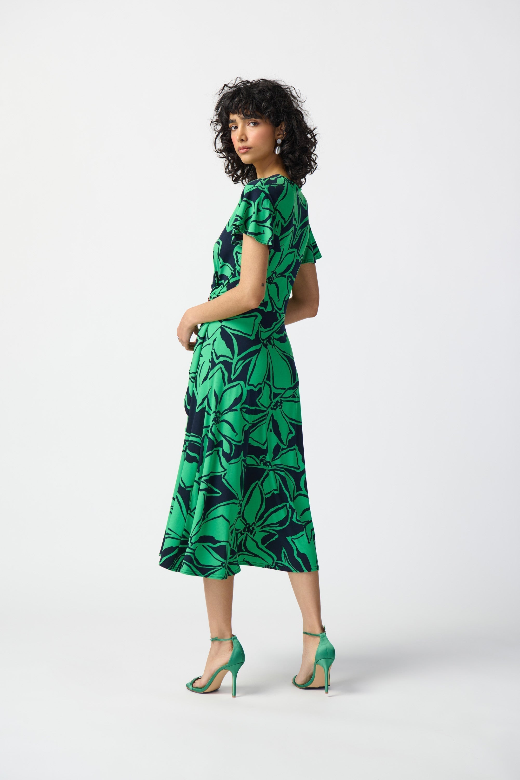 Back view of Joseph Ribkoff (241052) Women's Short Sleeve Green Floral Midi Wrap Dress with Side Tie