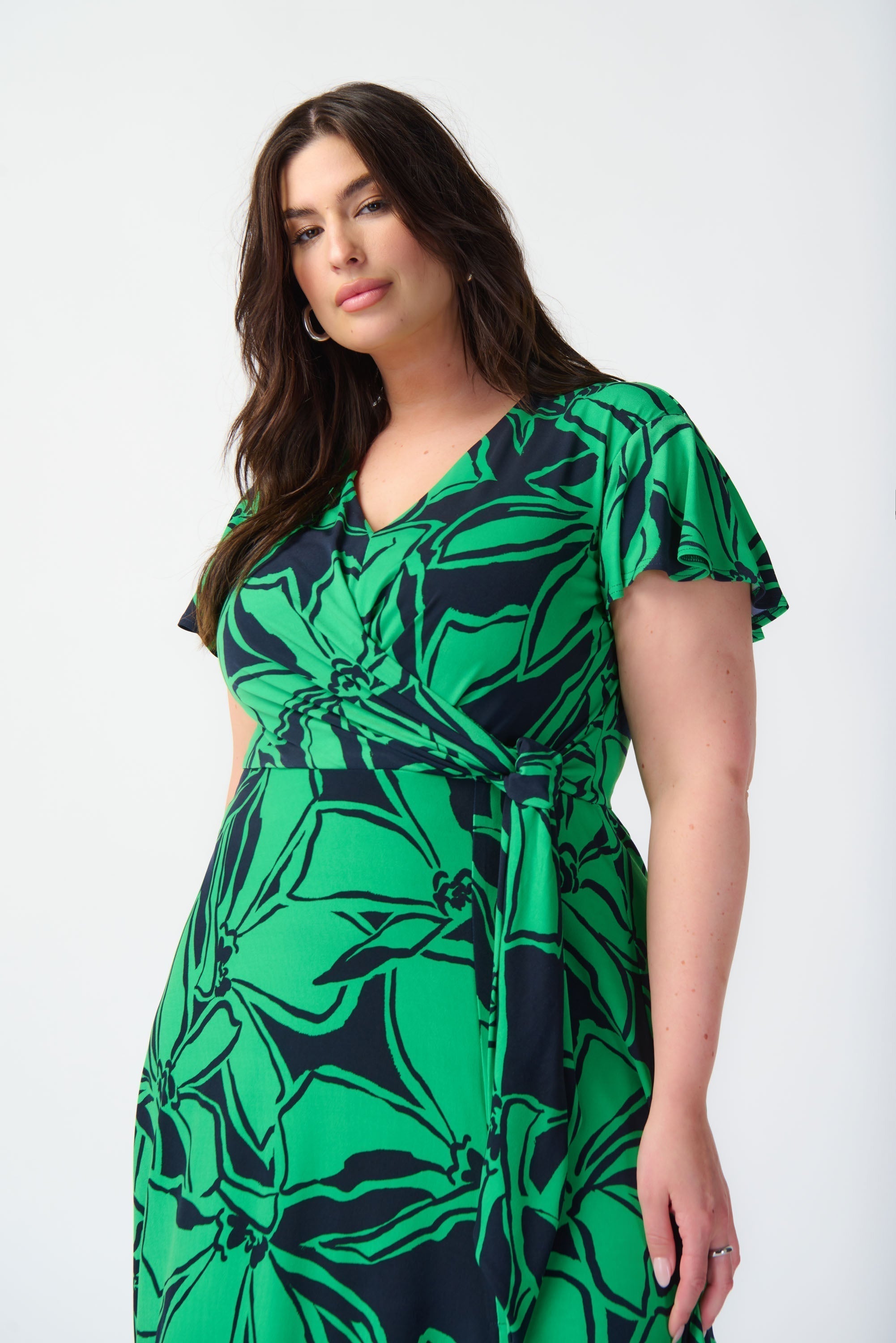 Frotn close up of Joseph Ribkoff (241052) Women's Short Sleeve Green Floral Midi Wrap Dress with Side Tie