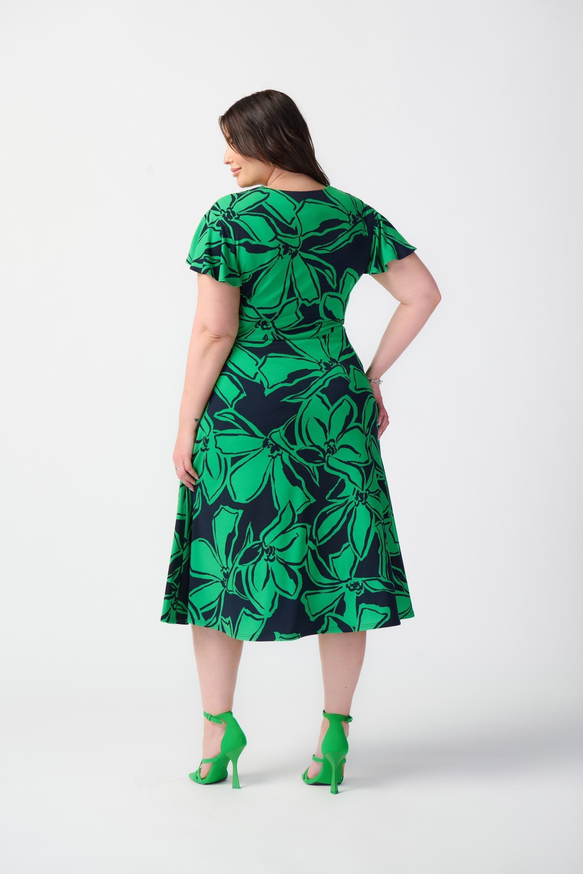 Back view of Joseph Ribkoff (241052) Women's Short Sleeve Green Floral Midi Wrap Dress with Side Tie